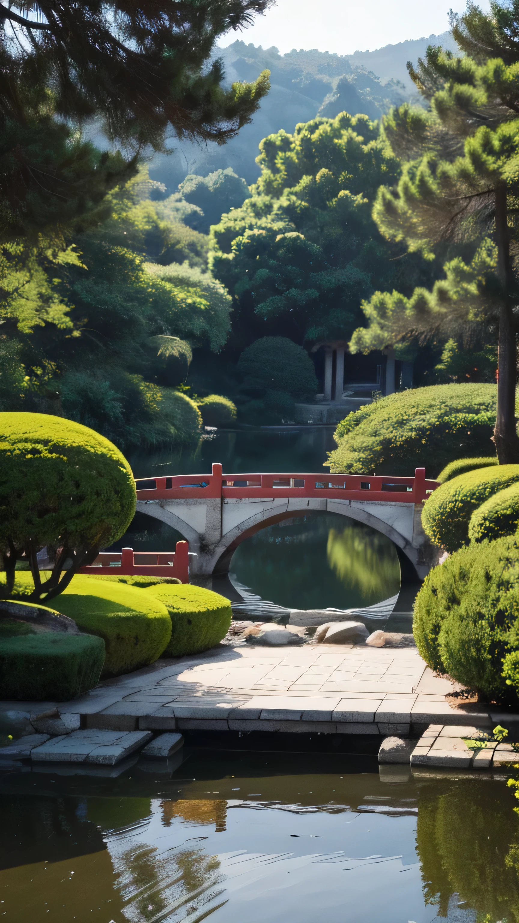 Chinese garden and ancient bridge