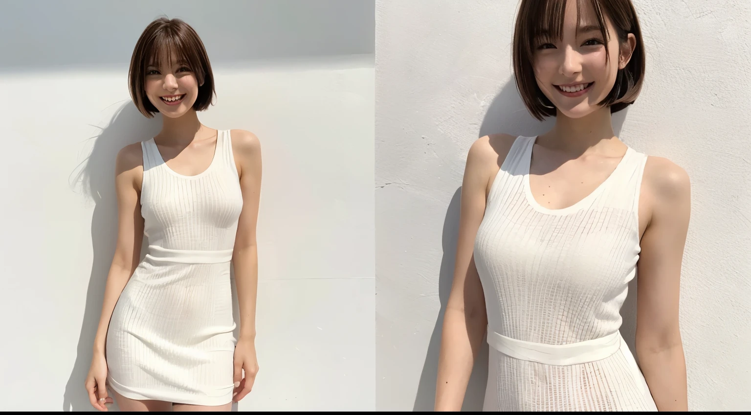 Pretty girl, Perfect figure in tight mini dress, Short hair, Smiling face, medium breasts, a little messy hair, stand next to a white wall, Direct sunlight, High resolution, Photorealistic