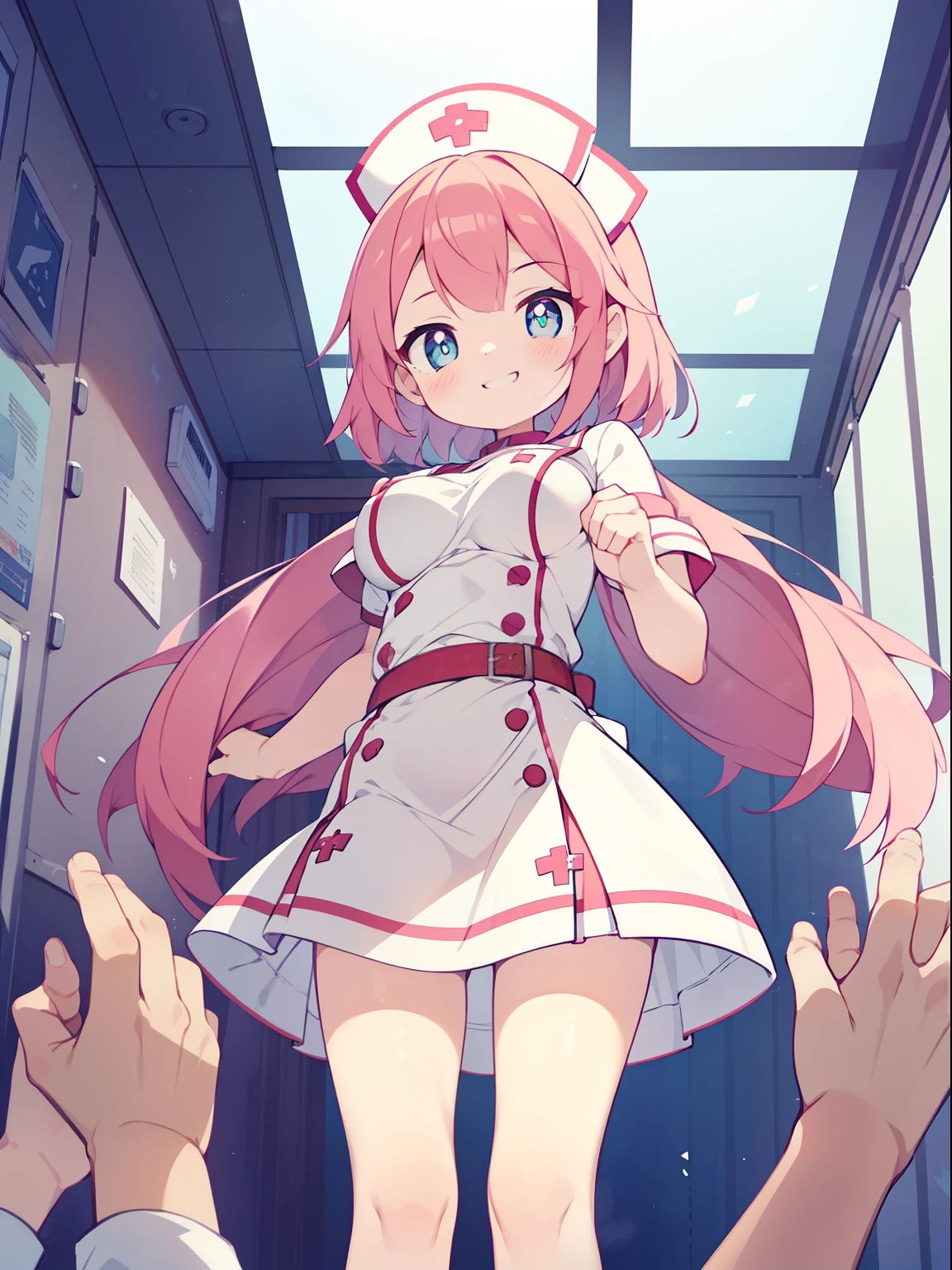 (nurse girl:1.2), (1 person:1.2),(10 year old girl)、young girl、big breasts、 nffsw、shader、highly detailed eyes、Loose and fluffy short hair、side boob、underboob、Glossy cleavage、pink hair、silky hair、nurse uniform(pink thin fabric、Plain color、mini skirt、Plain colorのシルク手袋)、ultra-intricate pupil in eyes、highest quality、bright colors、Bust 100、rests、Standing picture of the game、Stirring composition、Composition looking up from below、Lift your with your hands、Pose that emphasizes the chest、fold your arms、grinning expression、eyes half closed、open your mouth、stinky eyes、evil face、Bullish smile、fold your hands behind your back、Hide your hands、evil smile、whole body、美new、god々new