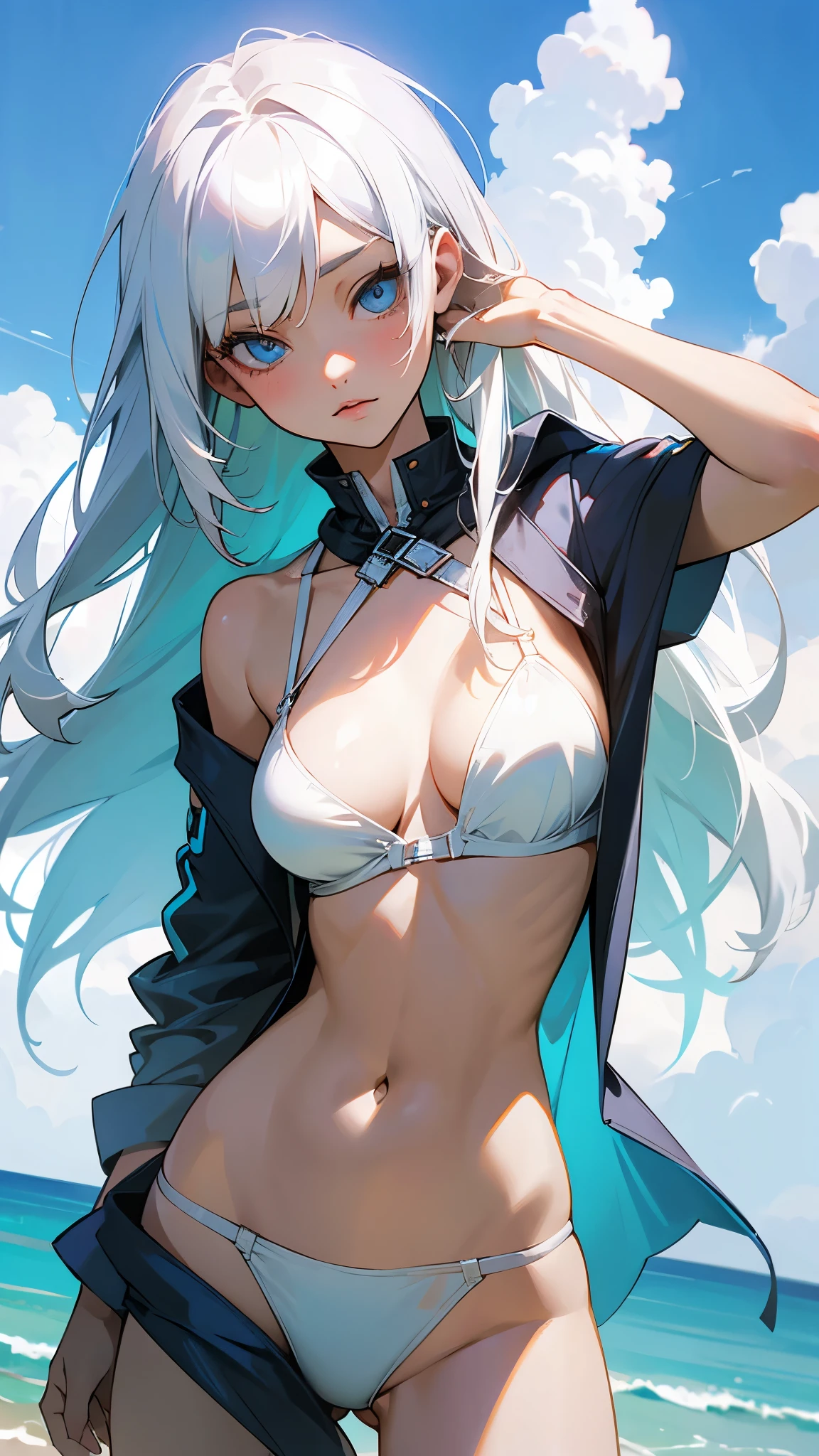 realistic, white hair, blue-eye, and middle-height girl in bikini and transparent underwear whose breasts do not fit into the bra