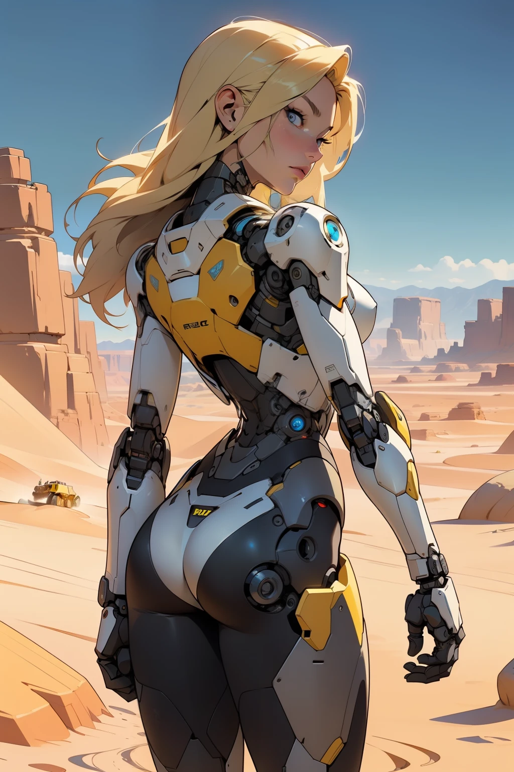 high quality, 4k, masterpiece, beautiful, cyborg girl, cowboy shot, dull eyes, back side, turning around to look at viewer, long blonde hair, girl, small breasts, fit thigh, robotic arms, robotic body, cyborg body, yellow accent, redaccent, intricate detail, joint, detailed lines, robotic detail, holding fist up, holding hand up as fist, color robotic parts, robotic parts with color, perfect fingers, on a desert planet, sunny background, colorful desert, a river in the background