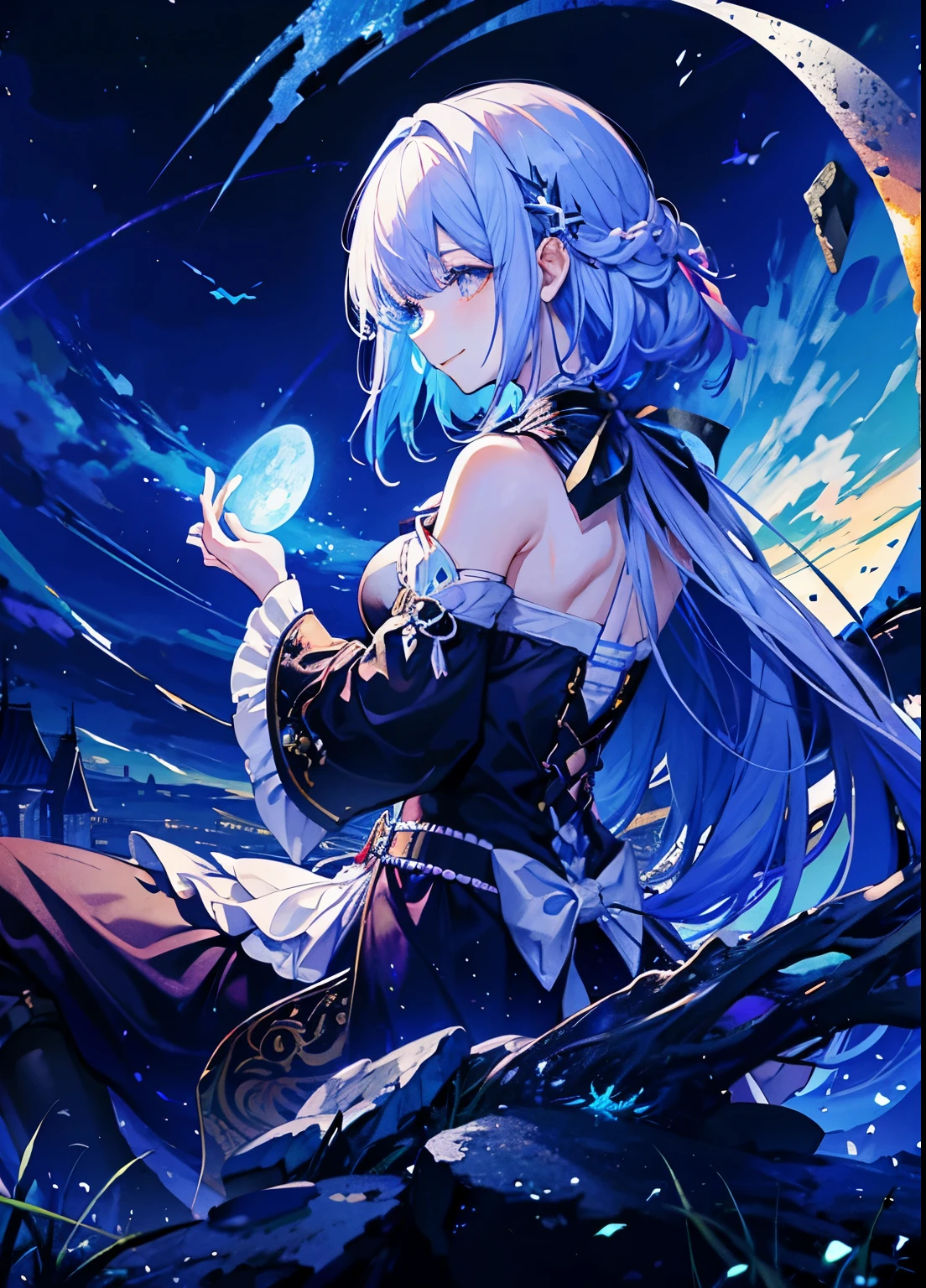 A beautiful moonlit night. girl sitting on the edge of a cliff、clouds at my feet、back view、Star-studded night sky. meteor、彼女は美しい顔とbright colorsの輝く目をしています. She wears a costume with an intricate and beautiful design. Detail view. bright colors. High resolution. fantasy、fantasy、wizard、witch's house、look up at the moon、smile