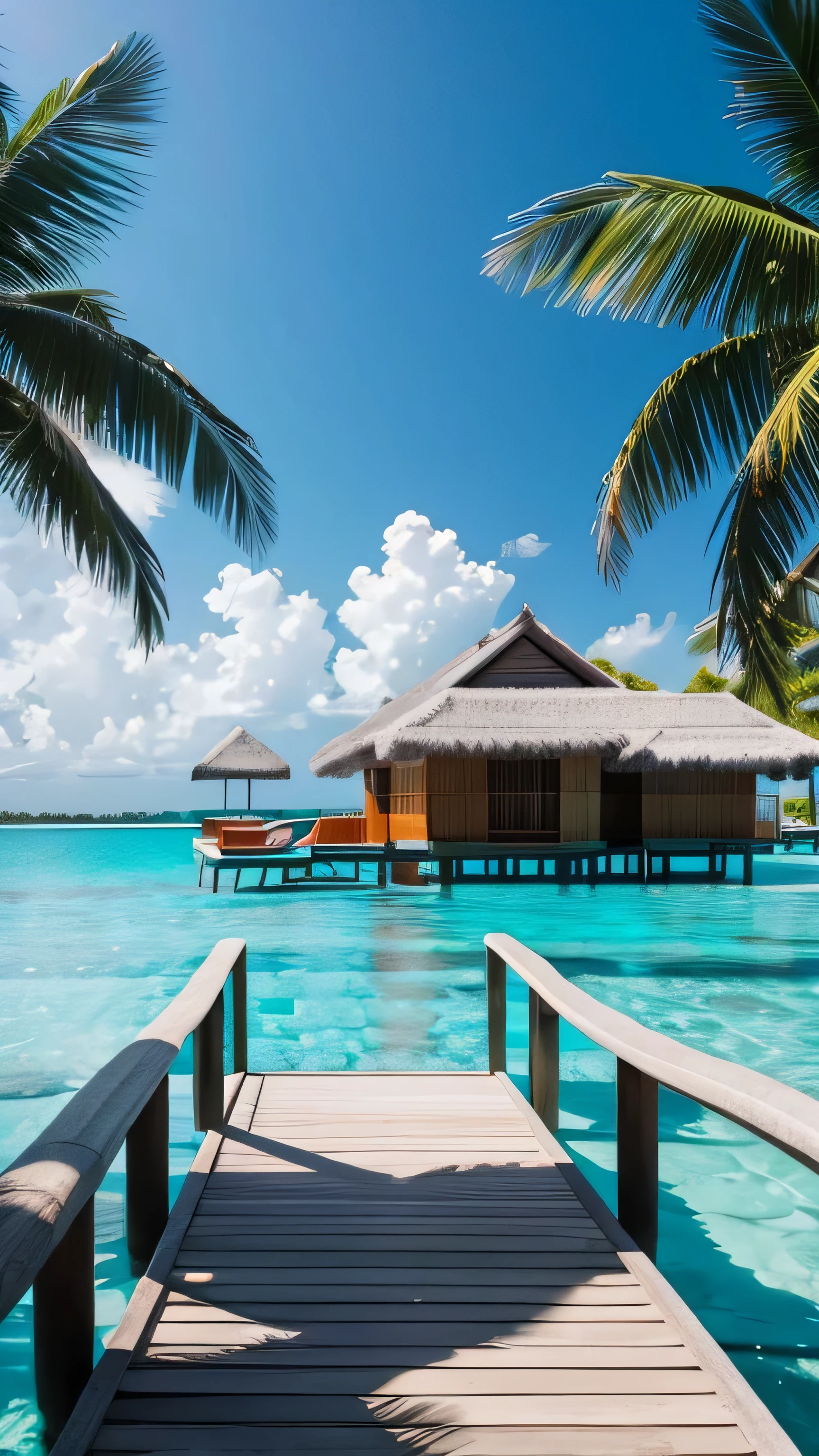 Maldives overwater bungalows and blue sea