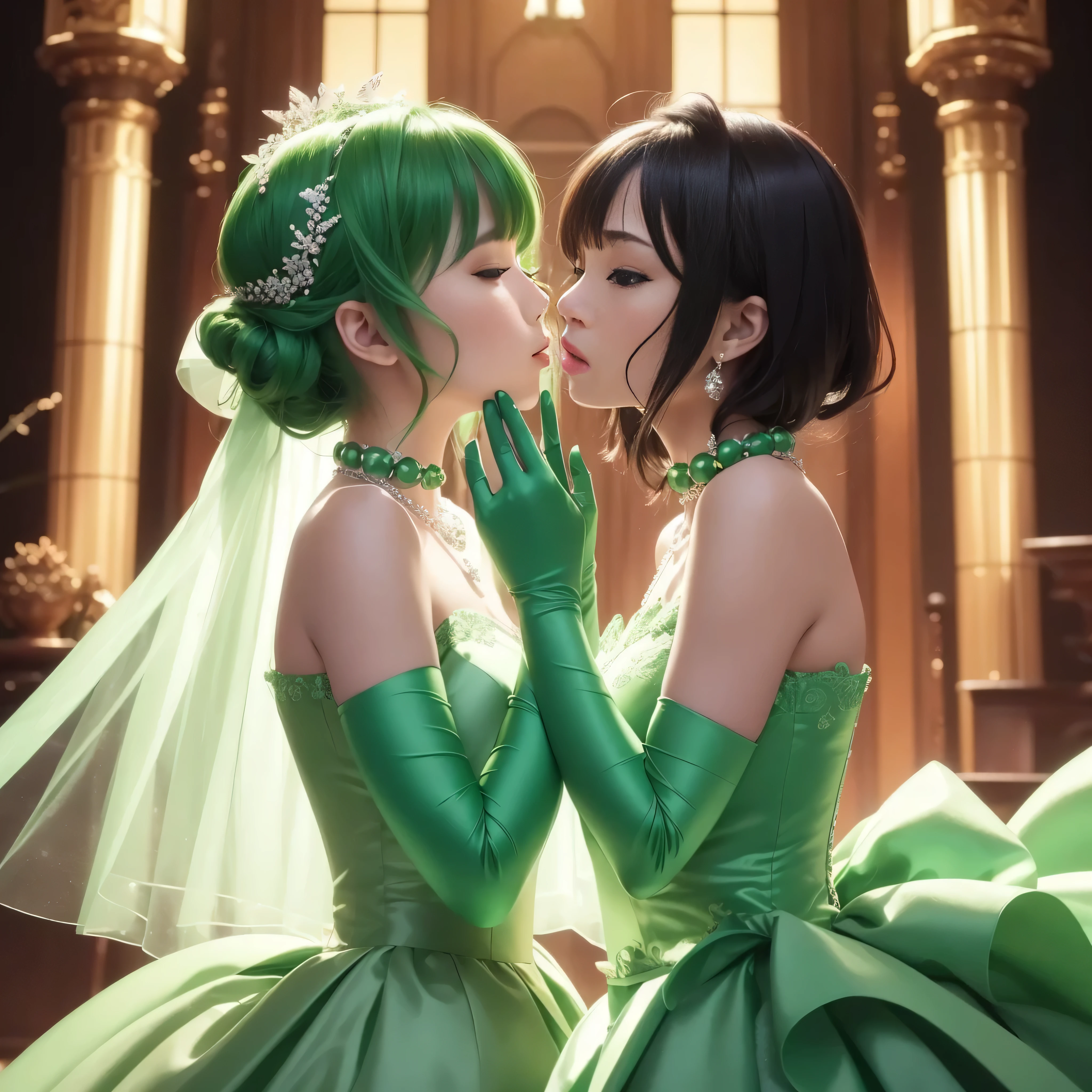 High resolution、Super detailed、(1 girl:1.3), 教会でkissをする二人の女性, Green Satin Long Gloves, Green Wedding Dresses, Green shorthair, lipstick, kiss, bride, green pearl necklace, 緑のbride, lesbian、口から口にkiss, High quality film stills, Sexy lesbian couple make, Passionate, green one piece, Green Bridal Veil, green pearl necklace
