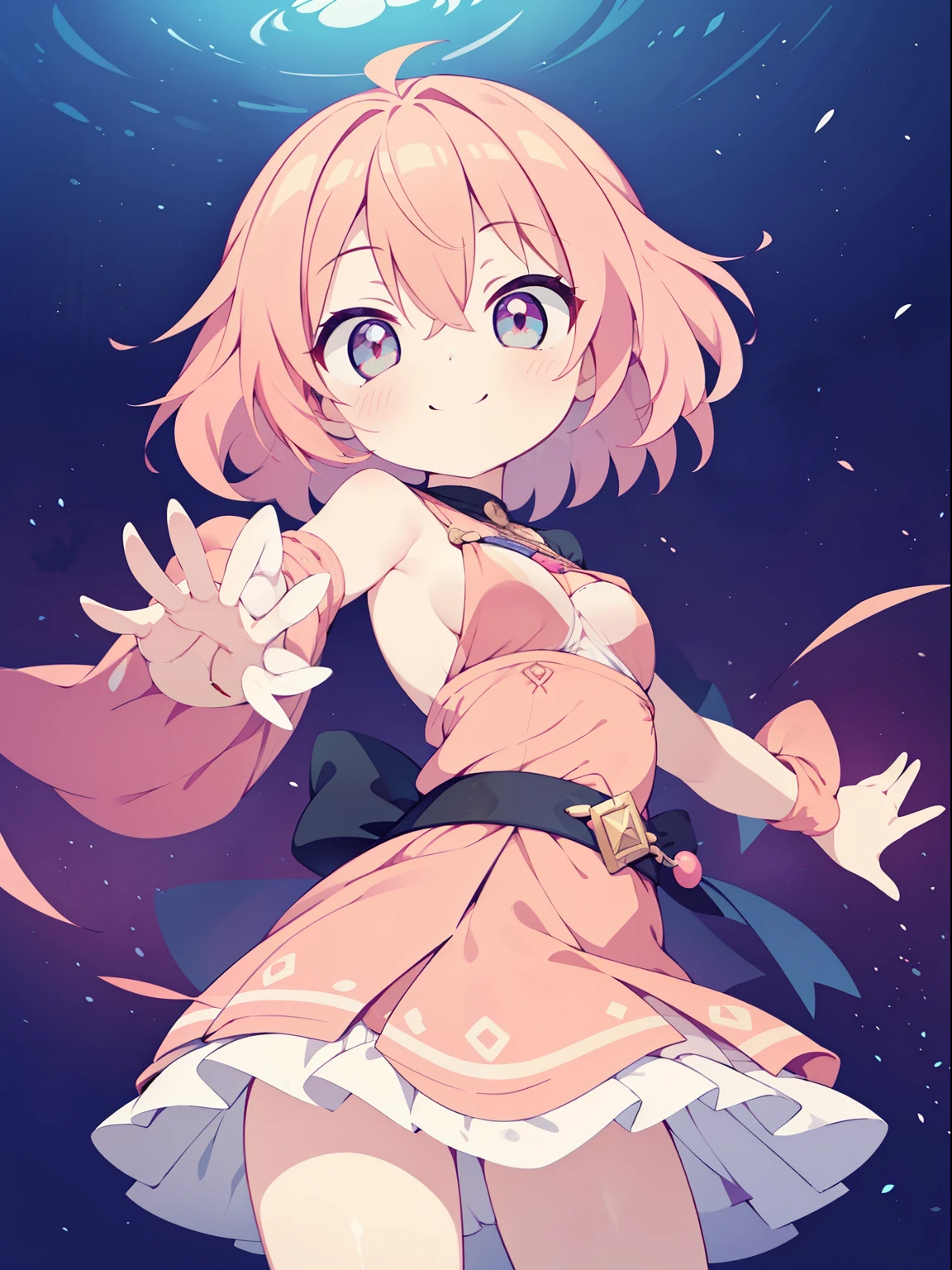 (girl:1.2), (1 person:1.2),(10歳のgirl)、若いgirl、big breasts、 nffsw、shader、highly detailed eyes、Loose and fluffy short hair、side boob、underboob、Glossy cleavage、pink hair、silky hair、knit dress(pink thin fabric、Plain color、mini skirt)、ultra-intricate pupil in eyes、highest quality、bright colors、Bust 100、rests、Standing picture of the game、Stirring composition、Composition looking up from below、Lift your with your hands、Pose that emphasizes the chest、fold your arms、grinning expression、eyes half closed、open your mouth、stinky eyes、evil face、Bullish smile、fold your hands behind your back、Hide your hands、evil smile、whole body、cute