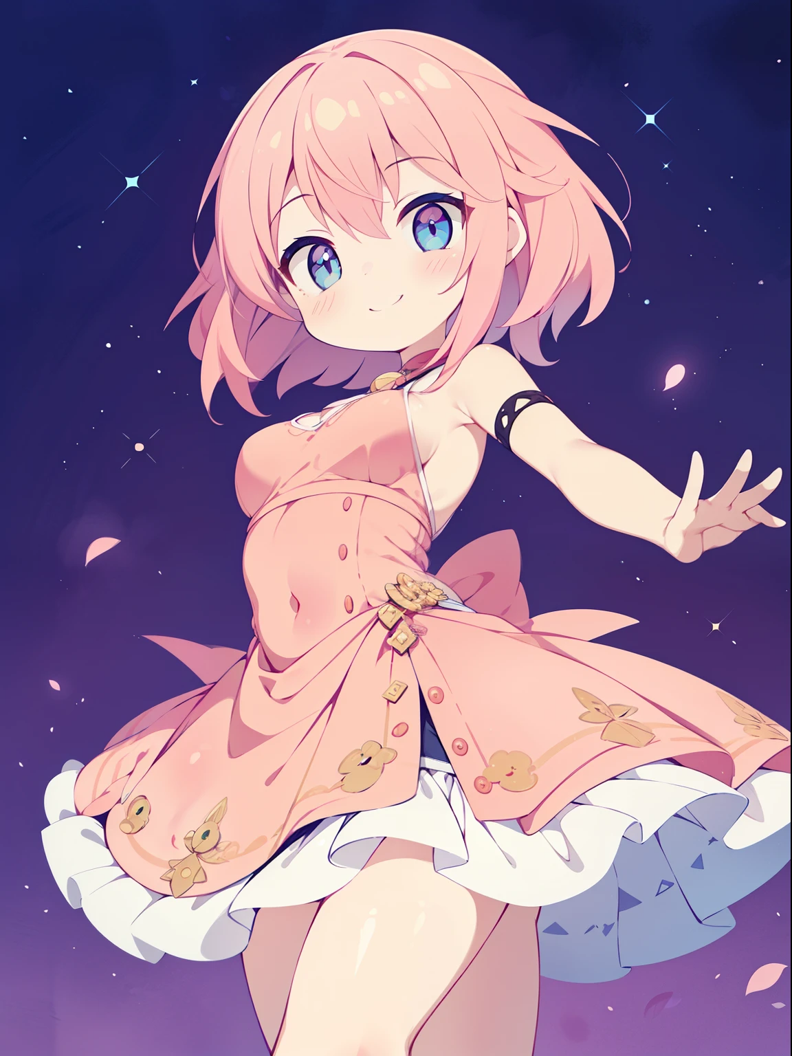 (girl:1.2), (1 person:1.2),(10歳のgirl)、若いgirl、big breasts、 nffsw、shader、highly detailed eyes、Loose and fluffy short hair、side boob、underboob、Glossy cleavage、pink hair、silky hair、knit dress(pink thin fabric、Plain color、mini skirt)、ultra-intricate pupil in eyes、highest quality、bright colors、Bust 100、rests、Standing picture of the game、Stirring composition、Composition looking up from below、Lift your with your hands、Pose that emphasizes the chest、fold your arms、grinning expression、eyes half closed、open your mouth、stinky eyes、evil face、Bullish smile、fold your hands behind your back、Hide your hands、evil smile、whole body、cute