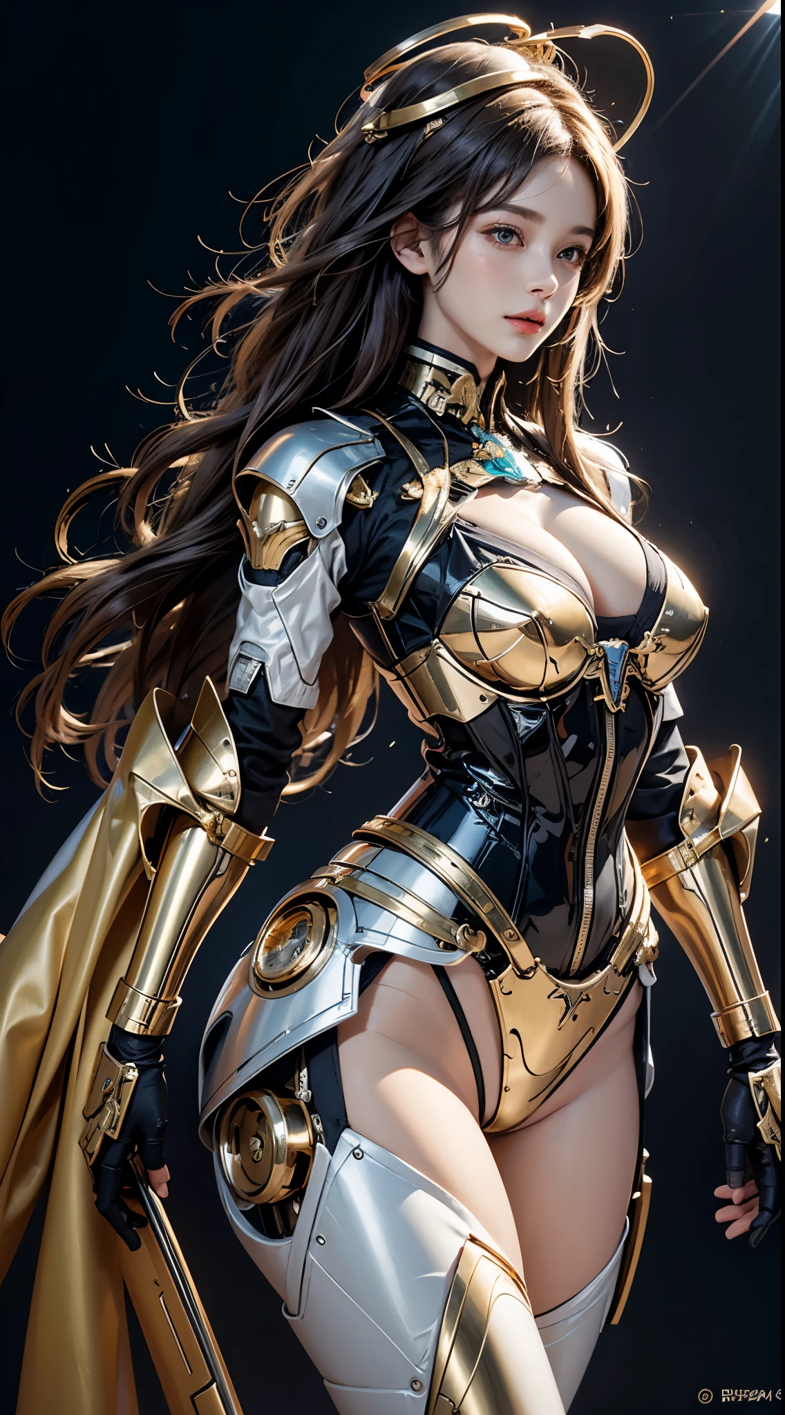realistically, high resolution, 1 woman, butt lift, , Mecha girl,Mechanical Parts, joints,single mechanical arm, hat, Mechanical Halo,Star Hello,Complex mechanical suit, mecha corset, Straight A's, Golden mecha body