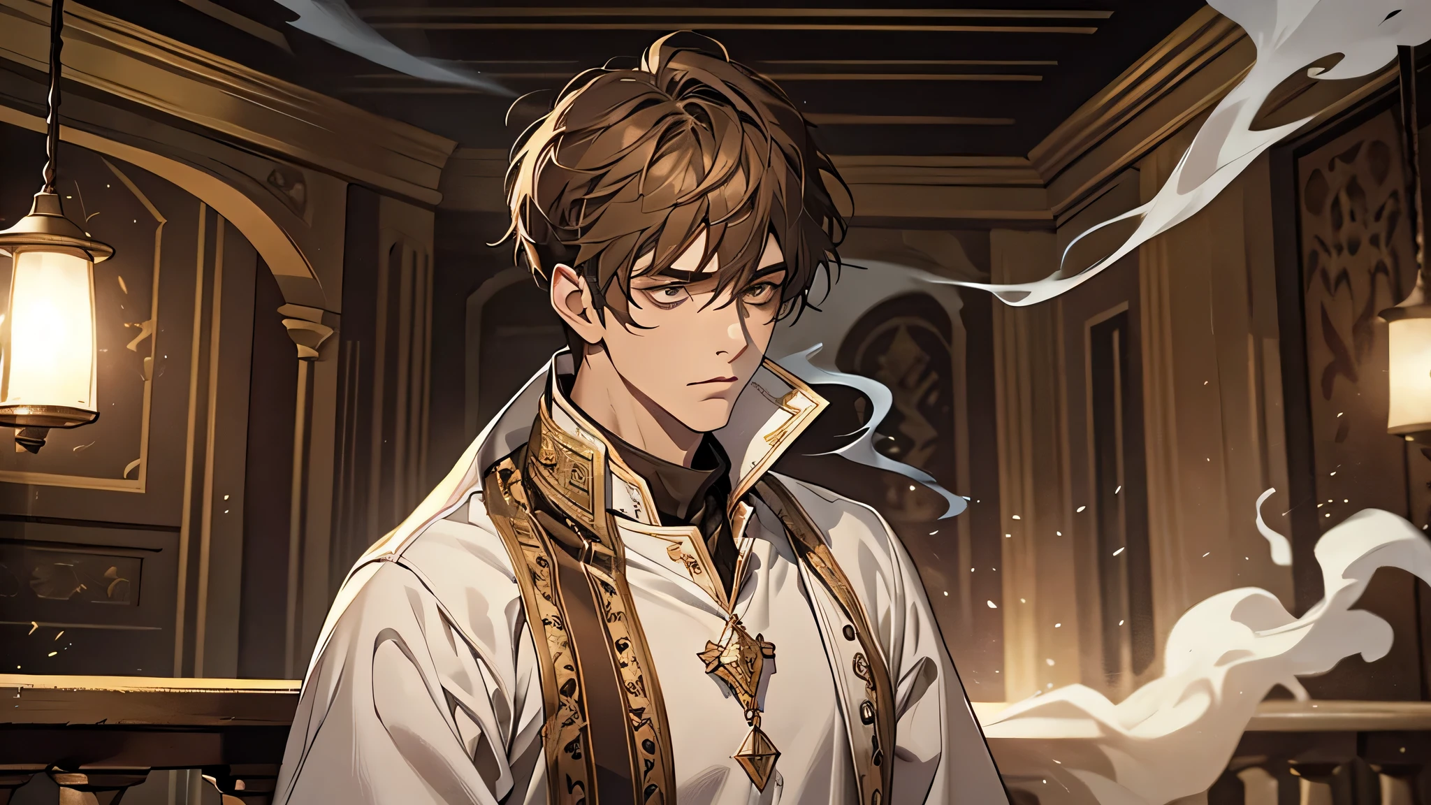 handsome Man with short brown hair, lights up smoke indoors and creates a smoke effect. medieval times, prince, detailed face, wearing white rob, looking upset