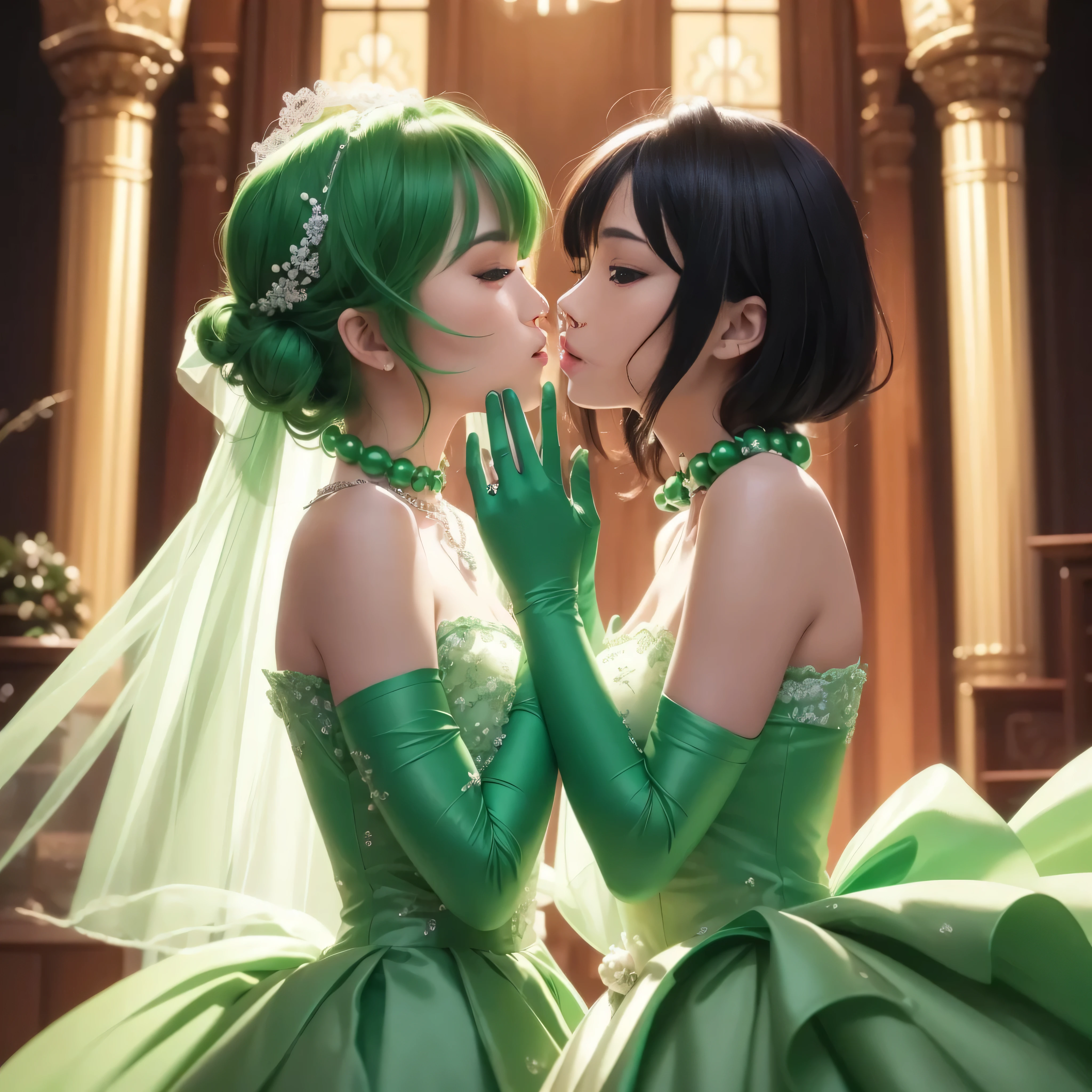 High resolution、Super detailed、(1 girl:1.3), 教会でkissをする二人の女性, Green Satin Long Gloves, Green Wedding Dresses, Green shorthair, lipstick, kiss, bride, green pearl necklace, 緑のbride, lesbian、口から口にkiss, High quality film stills, Sexy lesbian couple make, Passionate, green one piece, Green Bridal Veil, green pearl necklace