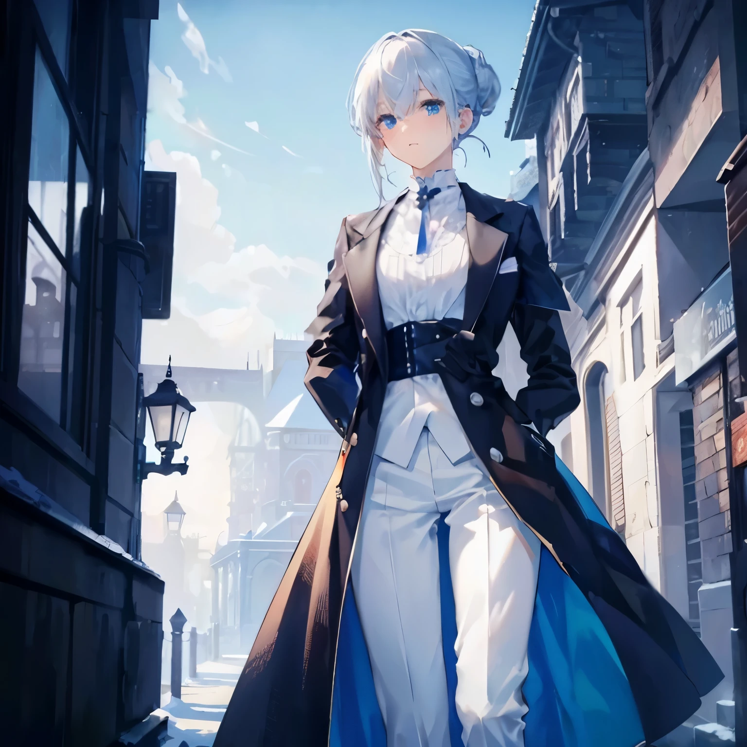 （White ball head：1.5），Sapphire blue eyes，The face is so beautiful that the gender is blurred，（Neutral wind：1.5），Professor of 1920，（dress appropriately，brown coat，British style，White shirt，black long pants），（long sideburns，Long bangs，Hair tied up），Shine in the eyes，a flat chest