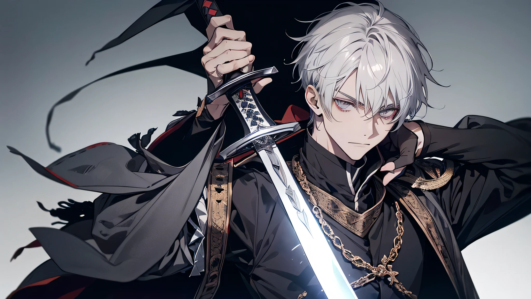 A young man with sharp grey eyes and a serious expression, donning short white hair, clad in dark clothing, gripping a sword in his hand. The setting is a medieval dark background, but the man said that it’s okay and he will do it. Dimitar returned the sword to its scabbard. he can’t trouble Lucius and Oba-sama any more than this, after all