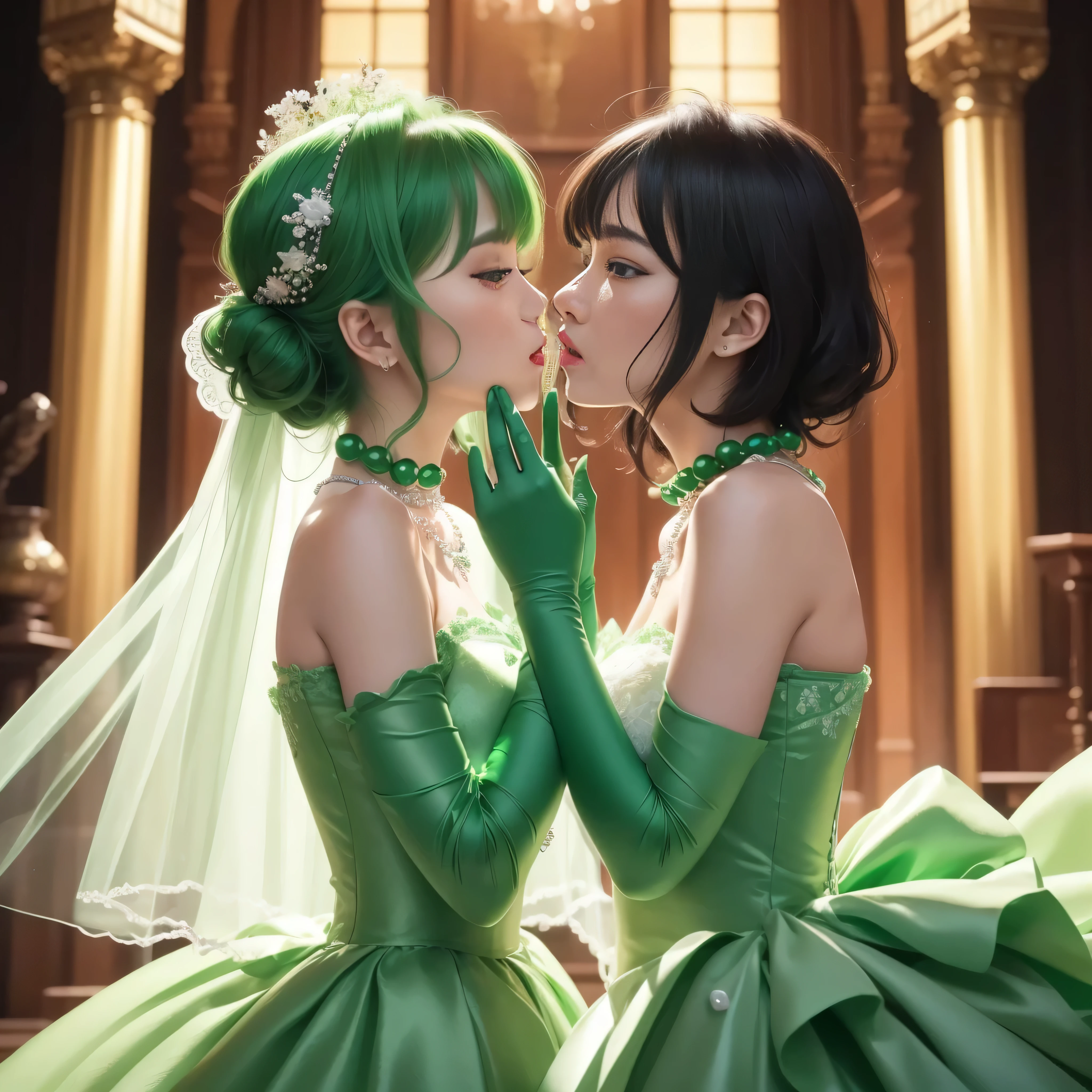 High resolution、Super detailed、(1 girl:1.3), 教会でkissをする二人の女性, Green Satin Long Gloves, Green Wedding Dresses, Green shorthair, lipstick, kiss, bride, green pearl necklace, 緑のbride, lesbian、口から口にkiss, High quality film stills, Sexy lesbian couple make, Passionate, green one piece, Green Bridal Veil, green pearl necklace
