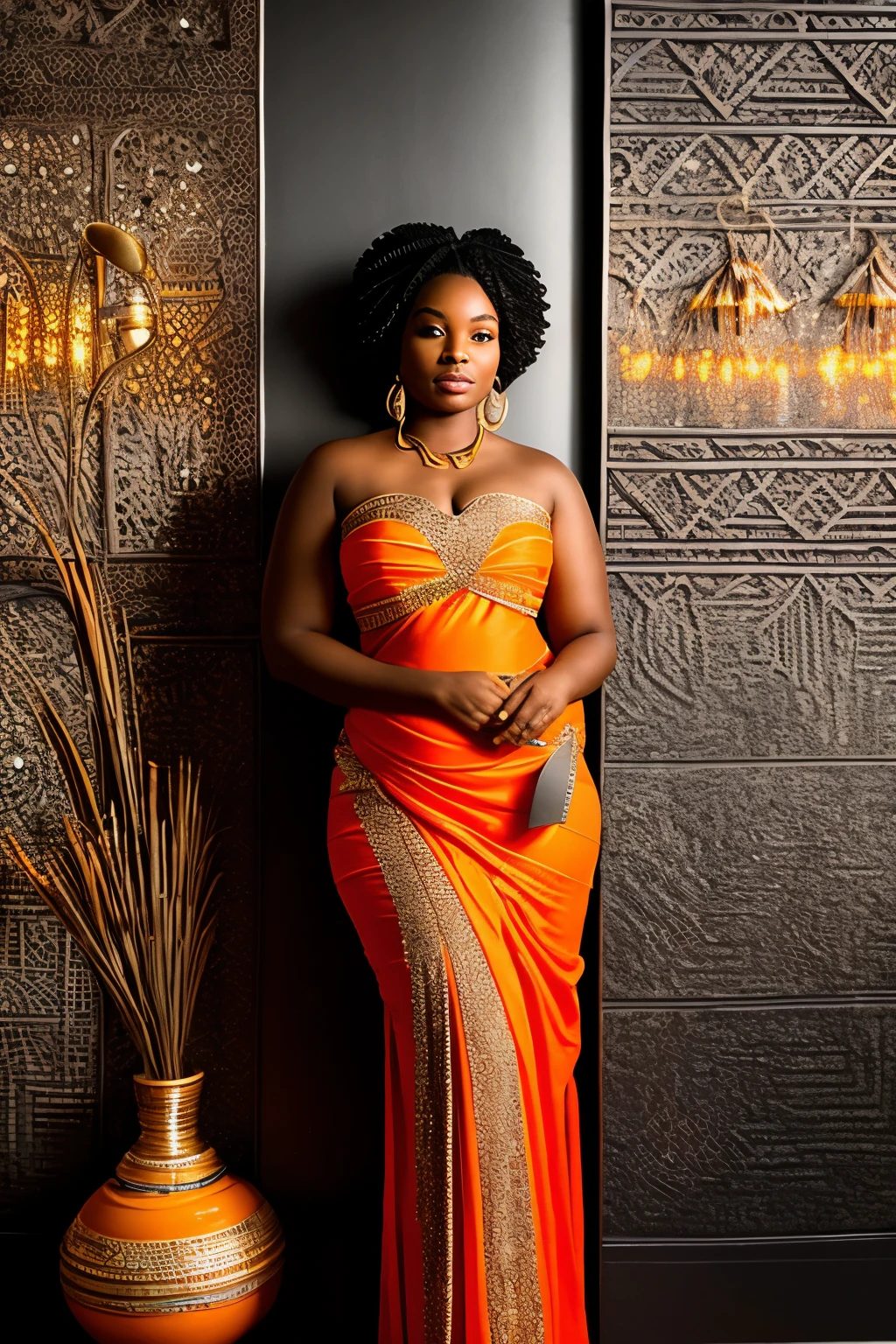 In the enchanting scene, a captivating Black Nubian woman poses confidently against a polished marble wall. Dressed in alluring traditional Nubian attire, her curves are accentuated, exuding an undeniable allure. The ambiance is moody and entrancing, with the dimly lit surroundings casting an enchanting glow. A diagonal orange light pierces the darkness, highlighting the woman's stunning form and the intricate patterns of her Nubian clothes. This exquisite orange light creates a striking black and orange colour grading, adding depth and dimension to the hyper-realistic image. The captivating scene unfolds in the style of renowned artist Artg