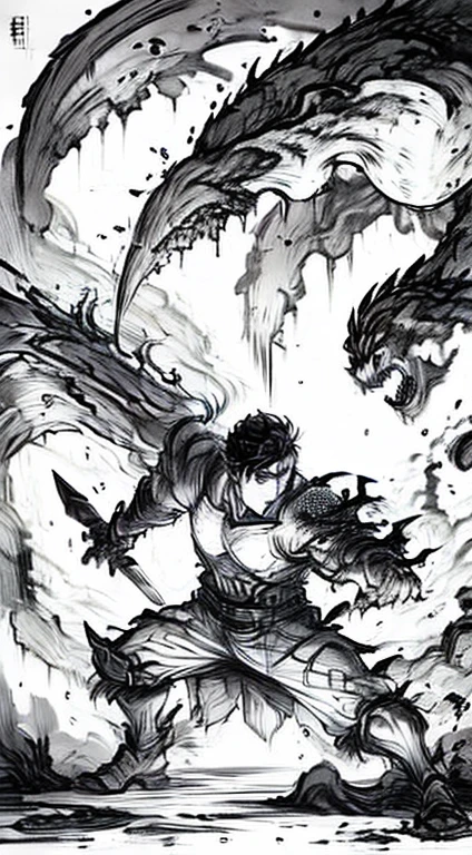 1boy, Guts from berserk, swordsman, holding a greatsword, Dragonslayer, ink painting, manga ink, black and white, hyperdetailed, extreme detail, ink splash, anger, fluid lines