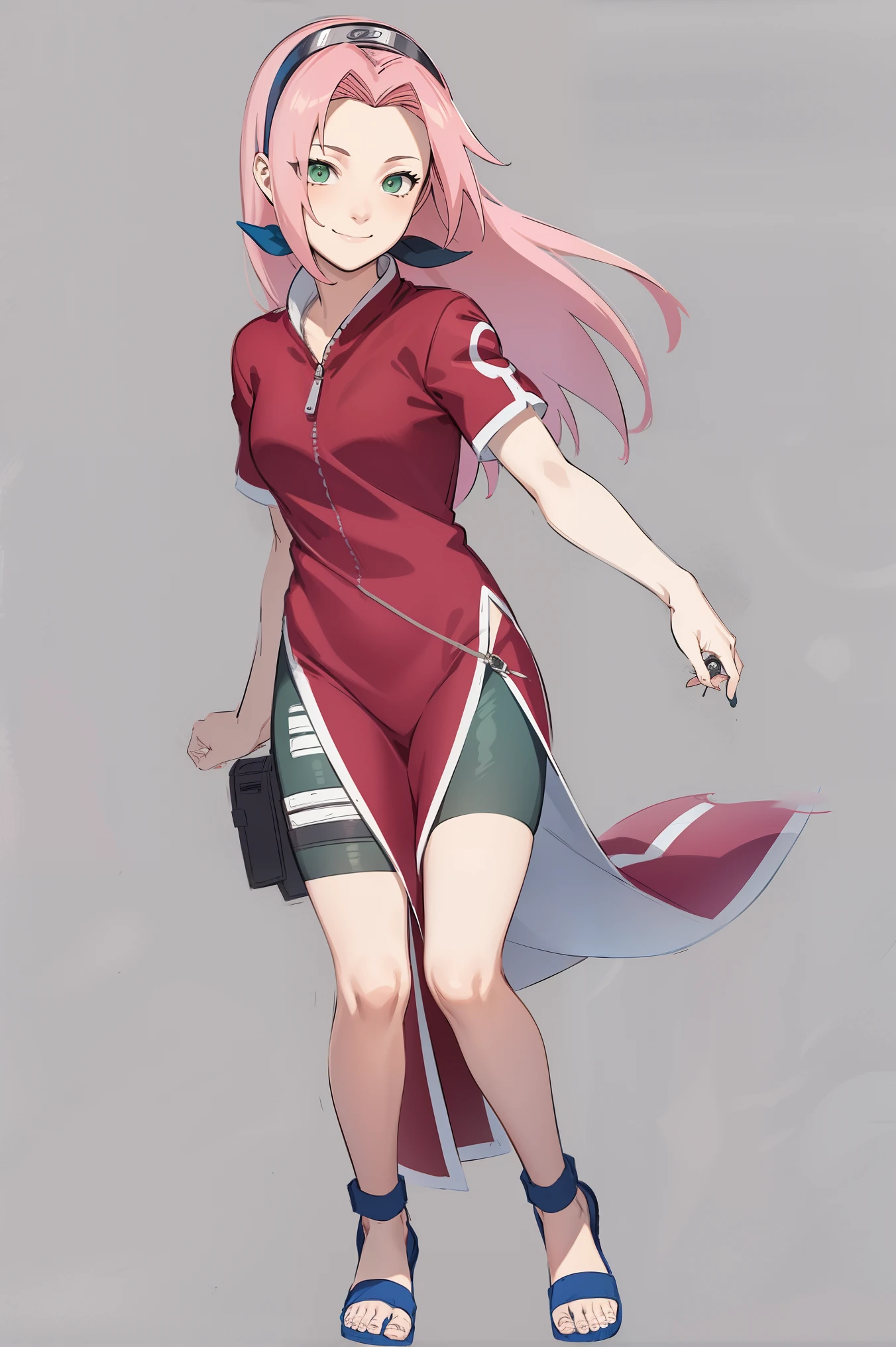 masterpiece, best quality, 1girl,haruno sakura, pink hair, long hair, green eyes, black short ,  short sleeves, full body, looking at viewer, sketch, smile, solo,Sakura wears a red qipao dress — at various times either with or without short sleeves — with slits along the sides accompanied by a zipper and white circular designs. She also wears tight dark green bike shorts with a shuriken holster around her right thigh, blue sandals, and the standard Konoha forehead protector worn as a hairband. Colour illustration