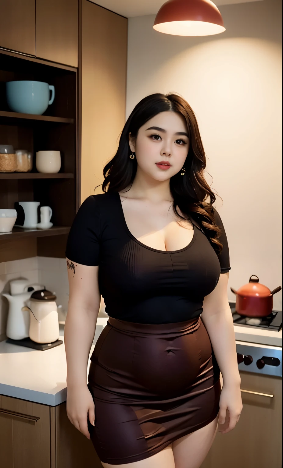 there is a woman posing in a kitchen with a maroon top and red skirt, thick body, beautiful thick female, wide hips, thick legs, she has a jiggly fat round belly, thick thighs, curvy hourglass figure, thicc, curvy model, widest hips, hyperrealistic full figure, bbwchan, voluptuous body, thick, tattooed body, tattooed hands, tattooed arm, ((Chubby woman:1.lump woman:1.3)), full body 