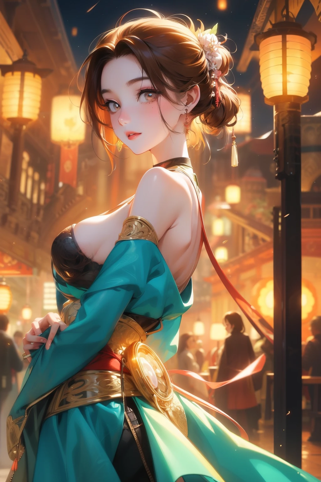 Masterpiece, top quality, high image quality, realism: 1.3, (big breasts that seem to spill out of clothes), bright colors, bright colors, diffused lighting: 1.1, mature woman, body conscious, small of the waist, rounded buttocks, Skirt black pantyhose, brown eyes, big breasts, cleavage, perfect body, perfect eyes, anime eyes, eye shadow, perfect face, blush, moe, night in the park, sunset, bright background, park lantern , water business mom, professional artwork, intricate details, super detailed hair, super detailed face,