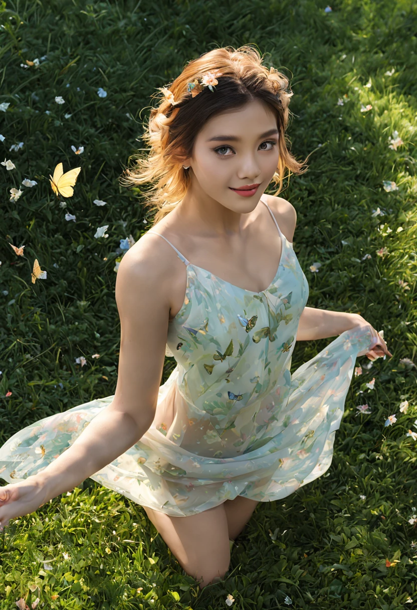 masterpiece, best quality,8k, ultra highres,Reallightandshadow,Cinema lenses,(beautidful eyes:1.1), ((中景 the scene is,The upper part of the body)),dynamicposes,On a green meadow,A gentle goddess came with a gentle step, naked,A gentle breeze blows,The skirt dances lightly。The sun shines through the leaves on her hair,Reflecting her clear eyes and gentle smile。Colorful butterflies flew around her,Flowers bloomed at her feet,It was as if nature was cheering for her