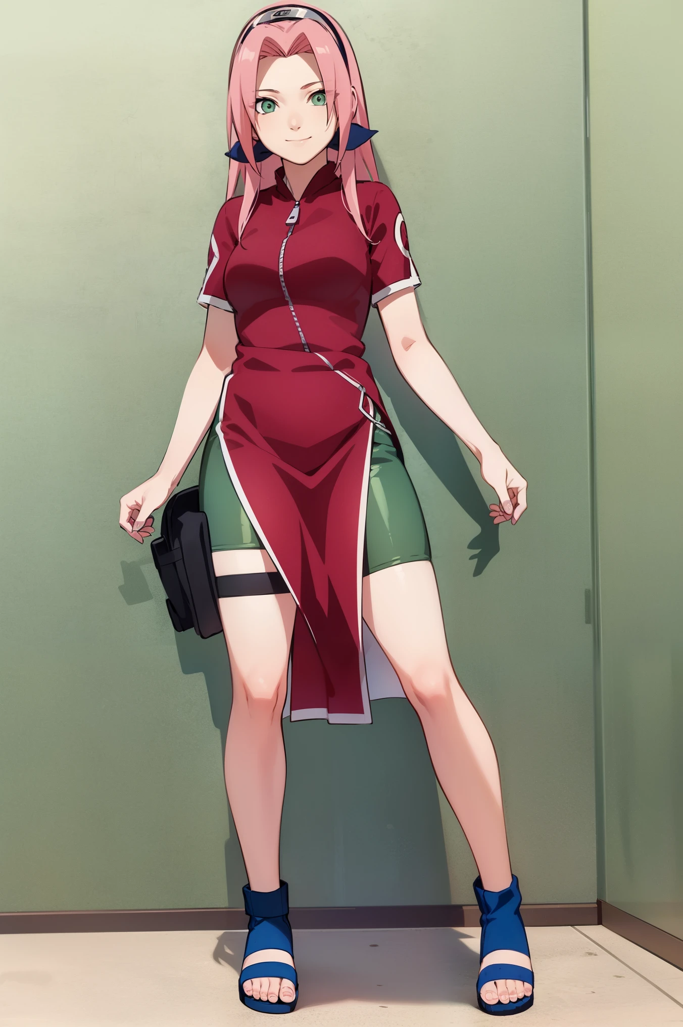 masterpiece, best quality, 1girl,haruno sakura, pink hair, long hair, green eyes, black short , short sleeves, full body, looking at viewer, sketch, smile, solo,Sakura wears a red qipao dress — at various times either with or without short sleeves — with slits along the sides accompanied by a zipper and white circular designs. She also wears tight dark green bike shorts with a shuriken holster around her right thigh, blue sandals, and the standard Konoha forehead protector worn as a hairband. Colour illustration
