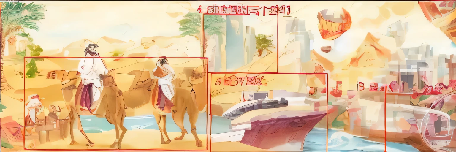 There are two camel riders in front of the boat, arabian features, 🚿🗝📝, Detailed notes on paintings, r/Art, r / Art, r /Art, covered in chinese, Chiba Yudai, vaporwave Artwork composition, Available images, illustration], viral image, orientalisme