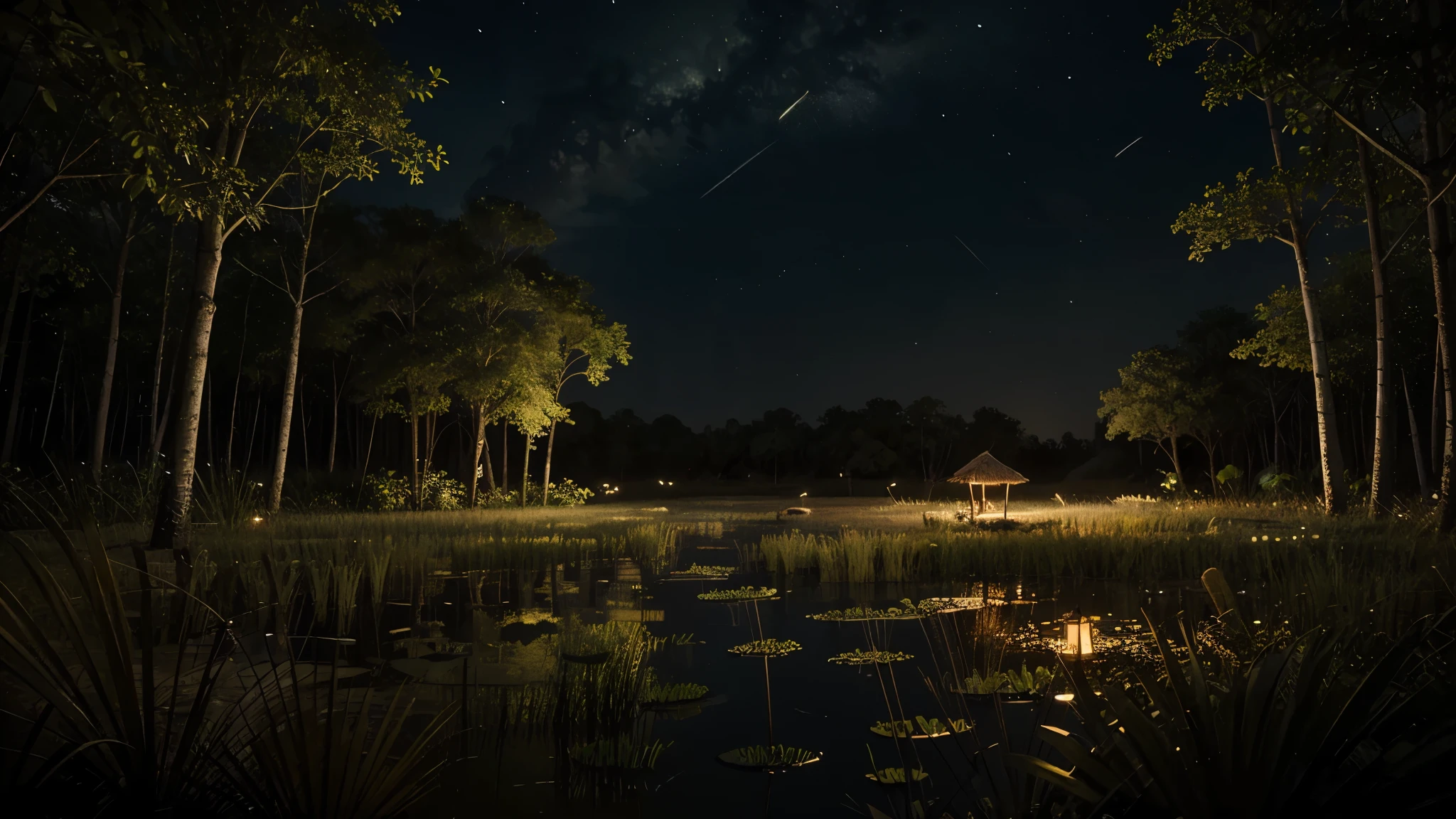 illustration, swamps, reeds, little frogs, waves, deep nights, fireflies