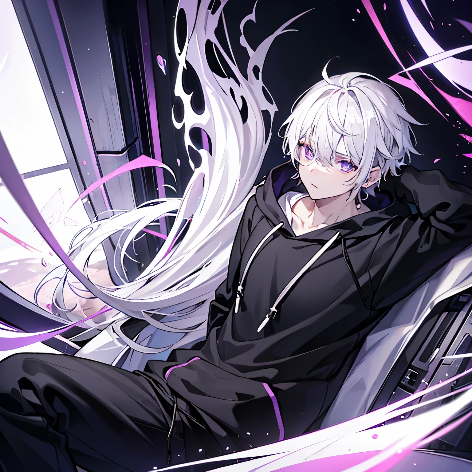 Man, white hair, light purple eyes, black hoodie, shock, glared, solo, in room