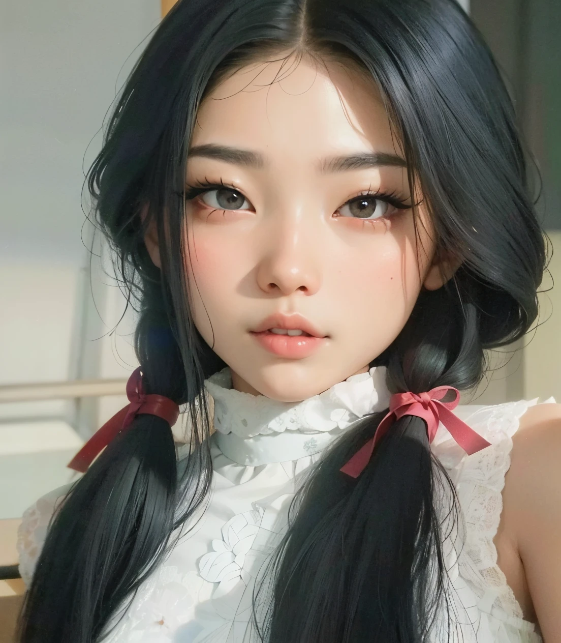 Un primer plano de una mujer con el pelo largo y negro que lleva una camisa blanca, muchacha coreana, pale korean adorable face, young cute wan asian guy, beautiful asian girl, ulzzang, joven y adorable rostro coreano, asian girl, con coletas negras, asian features, asian guy, rasgos de la cara coreana, hermosa cara de chicas japonesas, hermosa mujer surcoreana