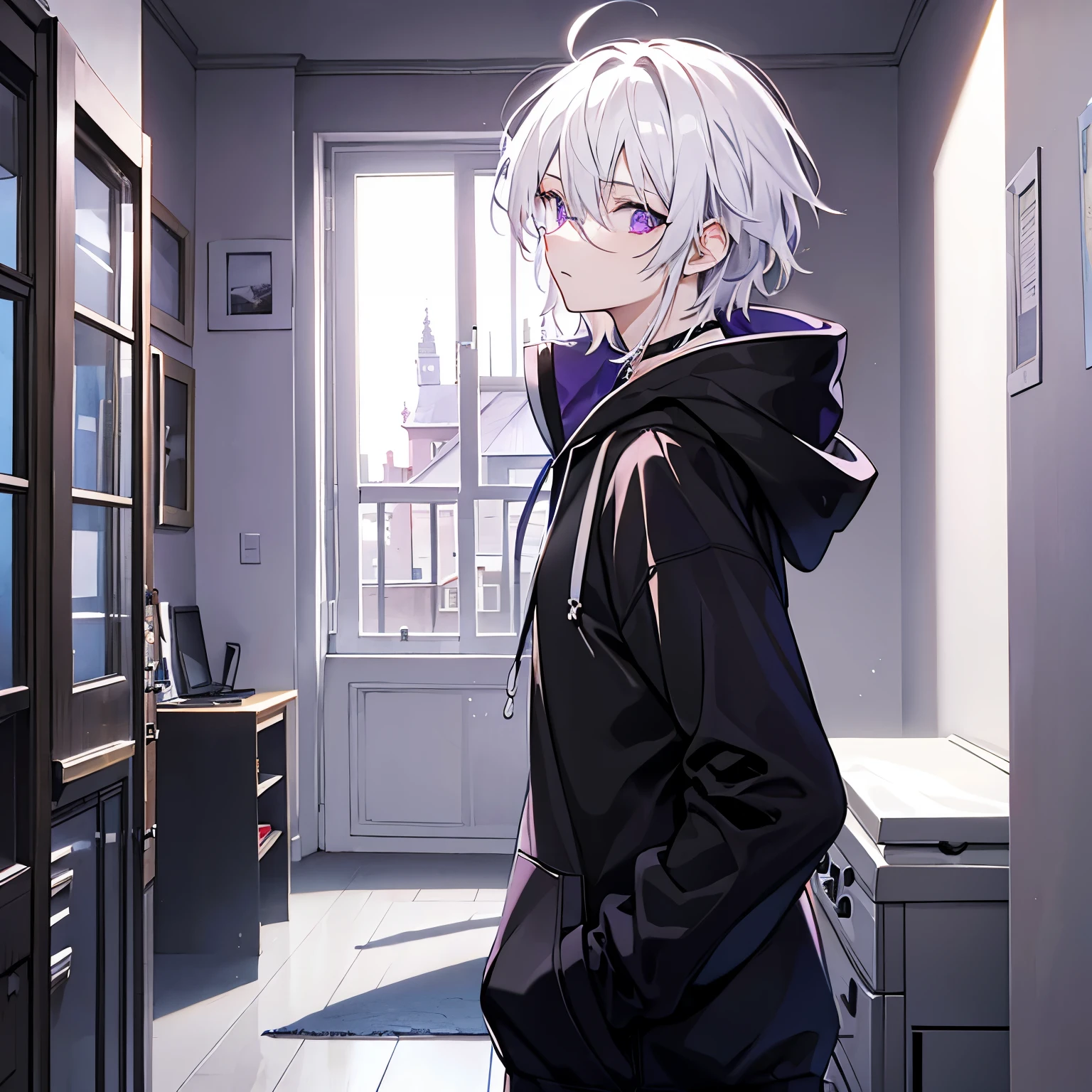 Man, white hair, light purple eyes, black hoodie, shock, glared, solo, in room 