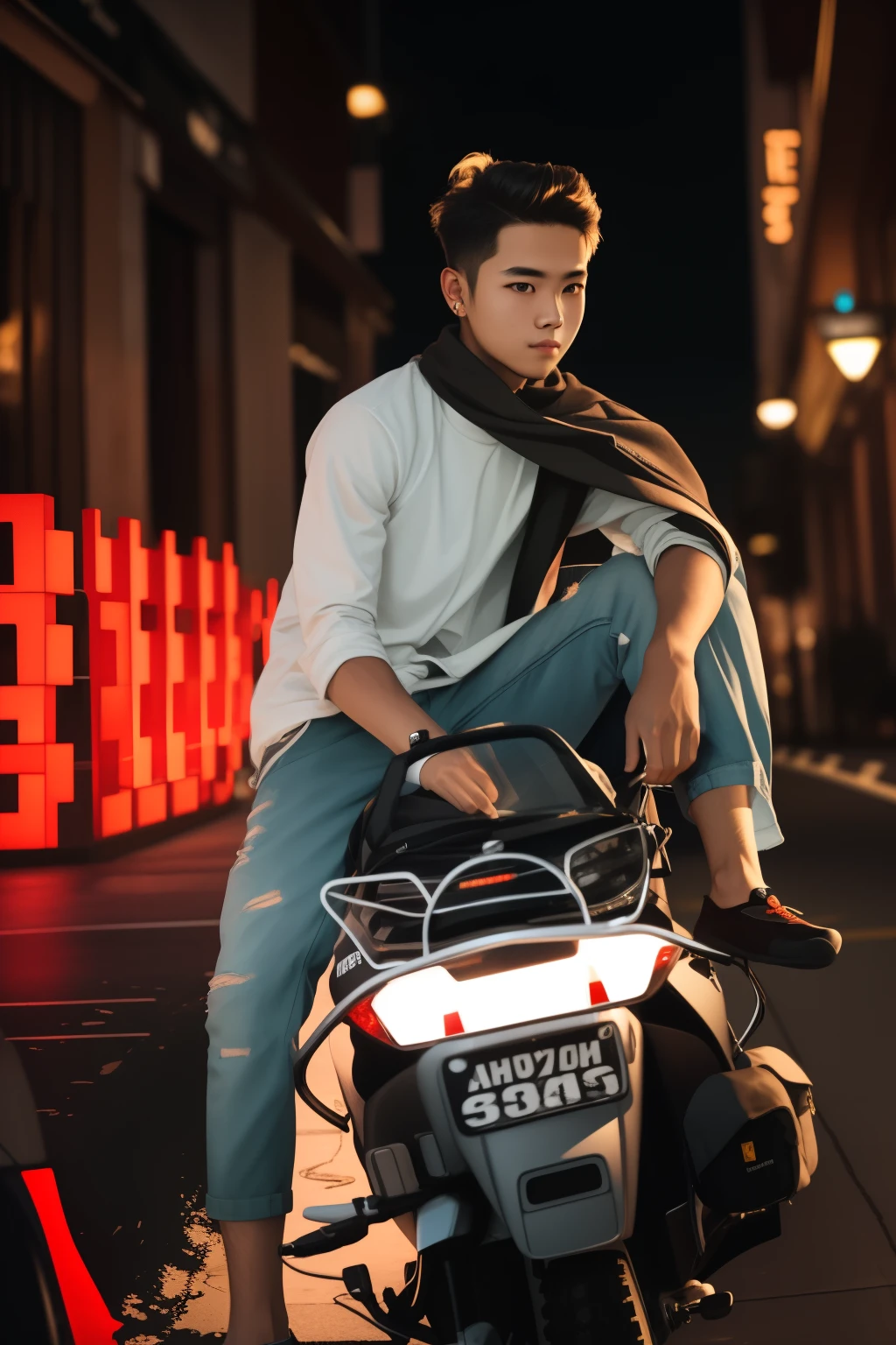 RAW photo, a portrait photo of 21 y.o man in casual clothes, night, city street, (high detailed skin:1.2), 8k uhd, dslr, soft lighting, high quality, film grain, Fujifilm XT3