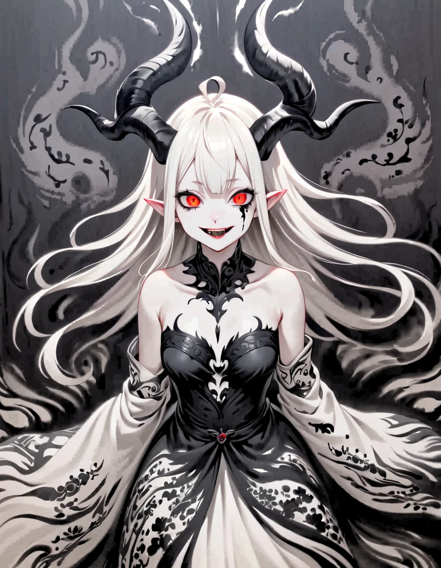 albino demon girl, from above, upper body, slit pupil eyes, long dress, elaborately designed clothes, intricate horns, laugh, ((ink painting)), dark theme, pale demon, Outlined in black ink, the figure is depicted with smooth lines, expressing emotions and posture through the contrast of ink density., background is minimalist, emphasizing light, shadow, and spatial perception., ultra realistic illustration, extremely detailed CG unity 8k wallpaper, masterpiece, best quality
