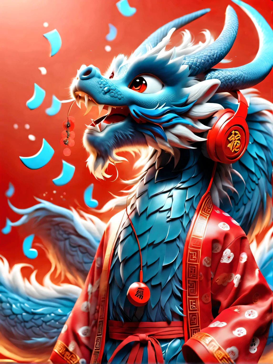 3d rendering, realistic fur, (red wallpaper), Simple modern style, beautiful wallpaper, magazine design style, close up,
Anthropomorphic zodiac dragon wearing big blue headphones is smiling mischievously, large black eyes (Wearing red Hanfu), orange fur (looking at camera), Colorful music symbols dance like a storm in the background, Hip hop graffiti style,