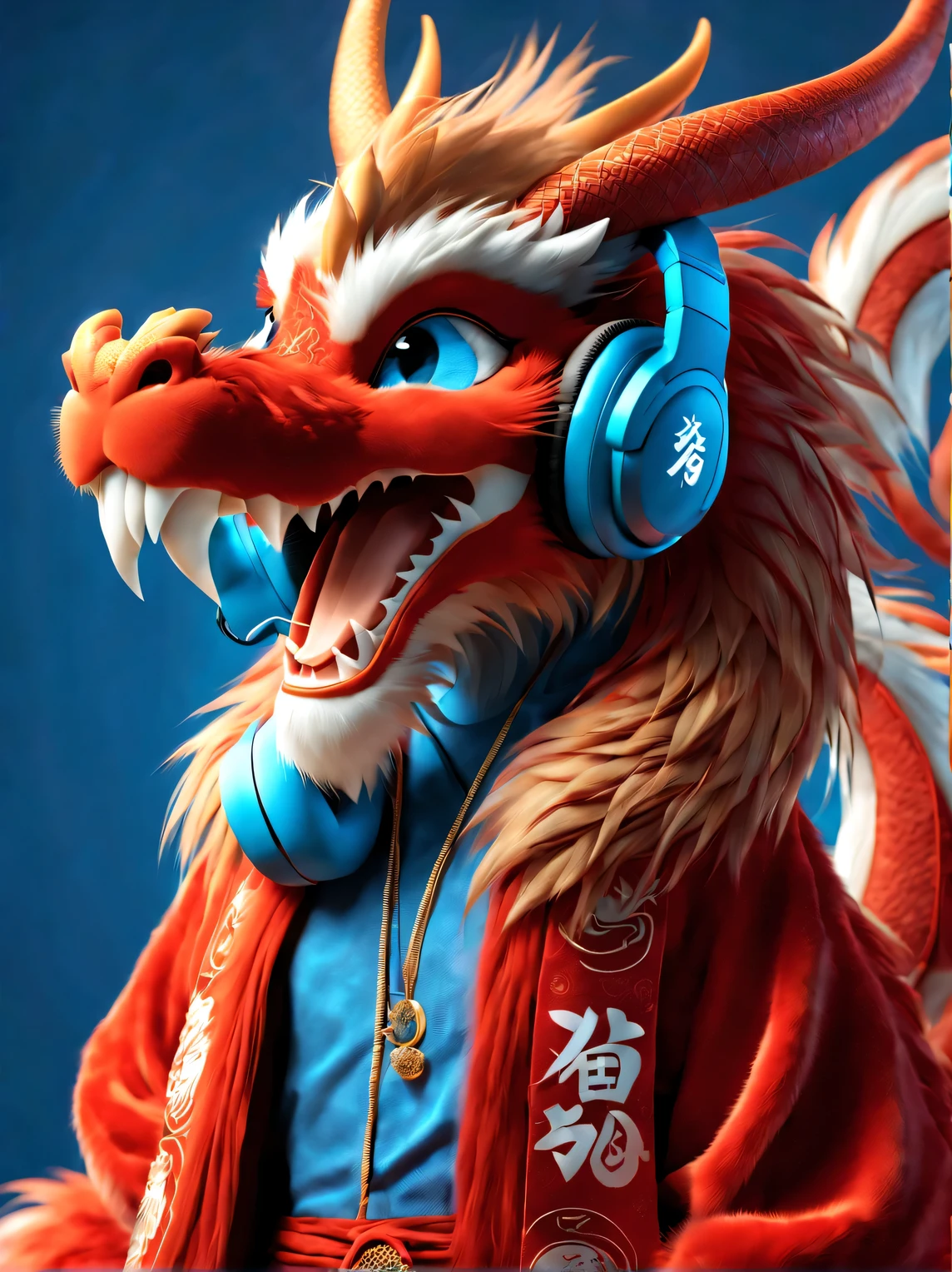 3d rendering, realistic fur, (red wallpaper), Simple modern style, beautiful wallpaper， close up,
Anthropomorphic zodiac dragon wearing big blue headphones is smiling mischievously, big blue eyes, Wearing red Hanfu, orange fur (looking at camera), And hip-hop graffiti style,