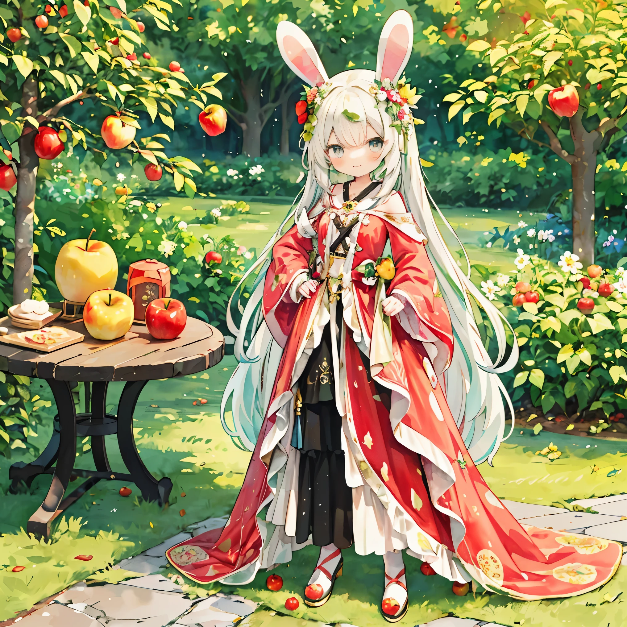 transparent watercolor、girl、Jewel Eyes,Beautiful arrangements and motifs、apple and rabbit motif、Delicious looking apples、rabbit apple、girl with rabbit ears、red and yellow image、Rabbit ears made of apples for girls、girl with a big fork、Usa apple image character、rabbit-shaped apple、a lot of apples、An apple tree grows、Standing picture、Stick a fork on the floor and hold it with one hand、Put one hand on your hip、smug face、Sparkling、best smile、Apple hair ornament、cut apple、wavy hair、yellow and red costume、apple motif costume、one piece dress、Vtuber costume
