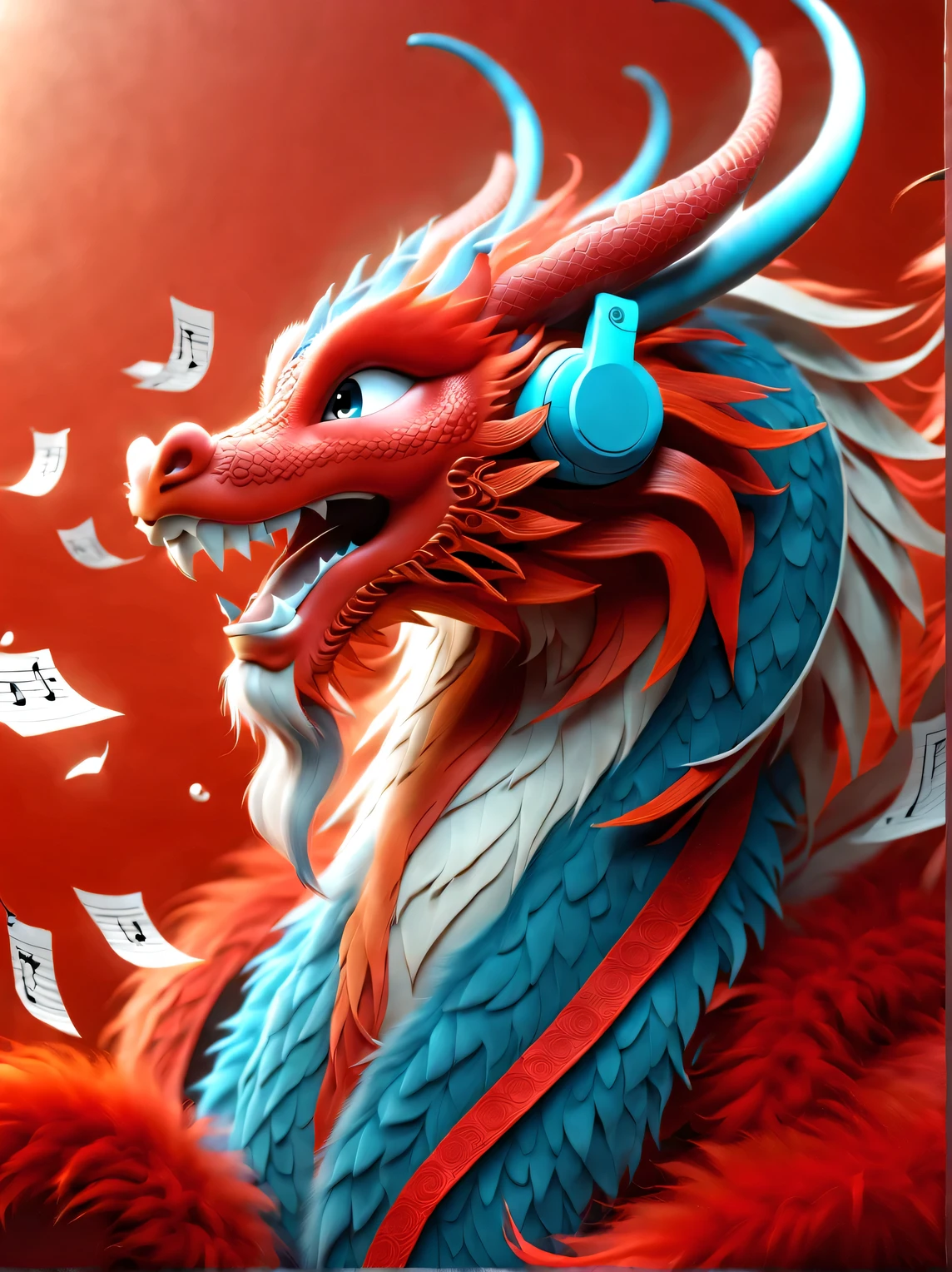 3d rendering, realistic fur, (red wallpaper), Simple modern style, beautiful wallpaper, magazine design style, close up,
(A personified Chinese zodiac dragon wearing large blue earphones is Laugh mischievously), Laugh mischievously, big blue eyes, Wearing red Hanfu, orange fur (looking at camera), There are many musical notes scattered from the sky in the background: 0.65), Hip hop graffiti style,