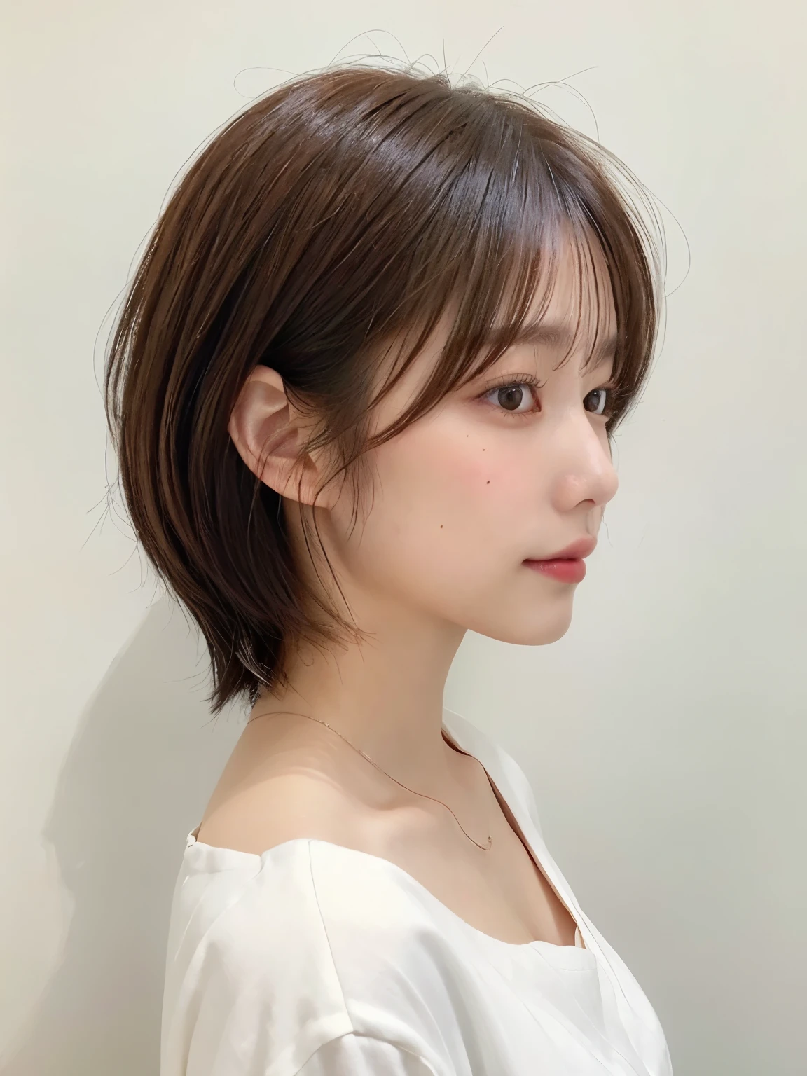White long sleeve dress、(8K、Raw photo、highest quality、masterpiece:1.2)、High-definition RAW color photo、professional photos、(realistic、photo realistic:1.37)、cinematic light、1 girl、laughter、white wall、Taken in front of the white door、(窓のあるwhite wallの部屋)、Versatile poses、break (Ombre:1.3) 、simple necklace、Spring clothes、(Beautiful profile:1.3)、Don't look at the camera、profile、Dark brown hair color、short hair