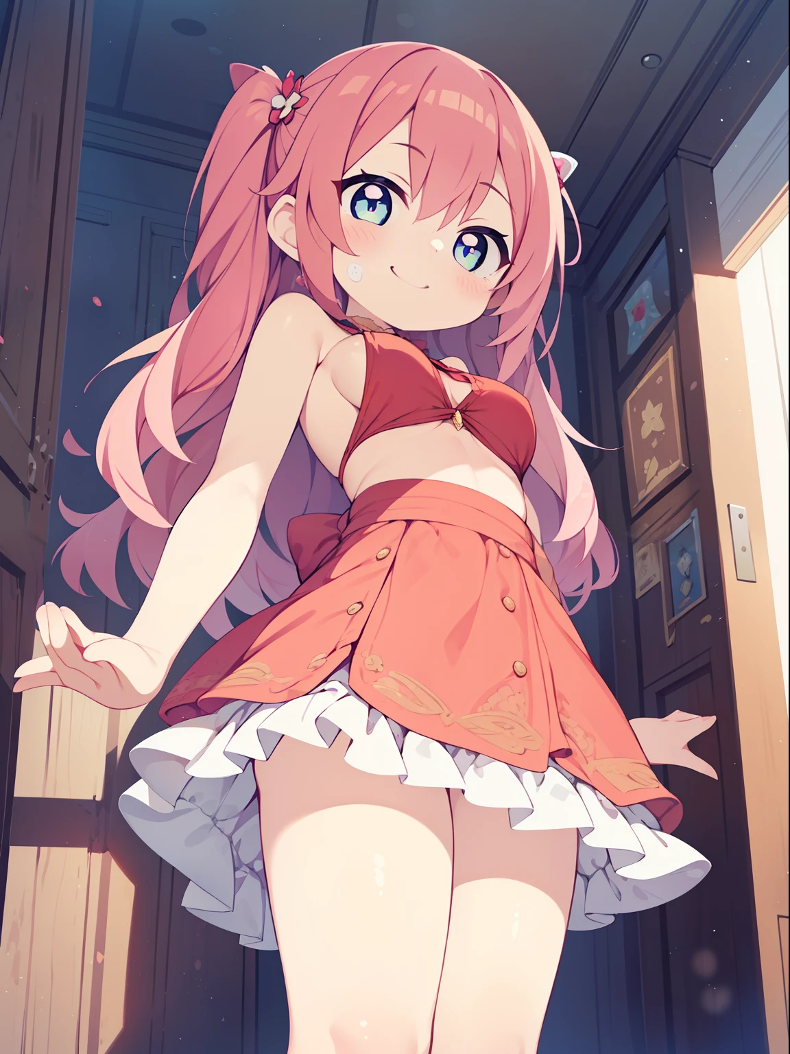 (girl:1.2), (1 person:1.2),(10歳のgirl)、若いgirl、big breasts、 nffsw、shader、big breasts、highly detailed eyes、long hair、side boob、underboob、Glossy cleavage、pink hair、silky hair、knit dress(pink thin fabric、Plain color、mini skirt)、ultra-intricate pupil in eyes、highest quality、bright colors、Bust 100、rests、Standing picture of the game、Stirring composition、Composition looking up from below、Lift your with your hands、Pose that emphasizes the chest、fold your arms、grinning expression、eyes half closed、open your mouth、stinky eyes、evil face、Bullish smile、fold your hands behind your back、Hide your hands、evil smile、whole body、cute