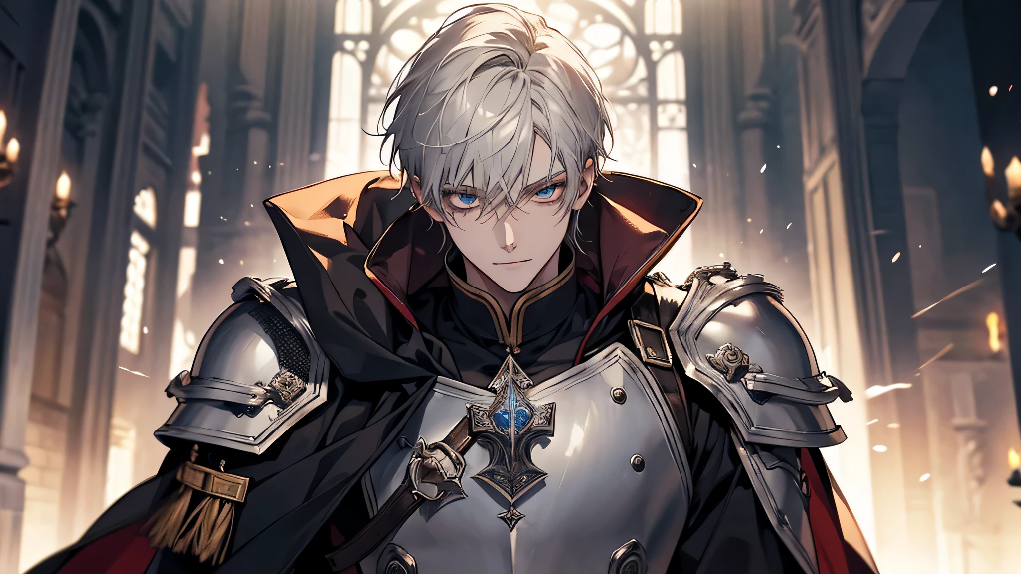 (1 Adult male),A high resolution, Sharp focus, Pixiv masterpiece, ((Complicated details)), highly detailed, 1 man, ssmile,full bodyesbian, greene eyes(eyes glowing), with short white hair,Armour,cloaks,Shoulder armor,perspire,look from down, For the boy who had aimed to be an official member of the Seal chivalric order, this was another path that he didn’t expect and must advance on after one of his dreams fell apart
