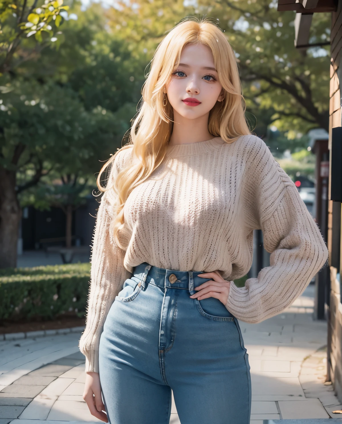 1girl, Blue eyes, (smile), (Sana Minatozaki), wide hips, Big , (big ass), (Best Quality, 8k, Masterpiece: 1.3), perfect hands, Clear Focus: 1.2, Perfect Body Beauty: 1.4, Highly detailed face and skin texture, detailed eyes, double eyelids, red lips, (blonde long hair), (fitted sweater), (jeans), standing, dynamic pose, in a sakura park