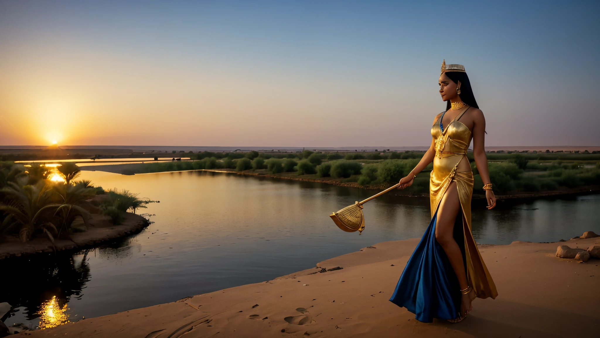 Cleopatra by the Nile at Dusk:
"Egyptian Queen Cleopatra, adorned in a gold-trimmed blue silk gown and a pearl crown, stands barefoot on the banks of the Nile River. The setting sun casts a golden glow over the tranquil river and distant desert. Her posture is graceful, with a contemplative expression as she gazes into the distance, gently holding a lotus-tipped scepter."