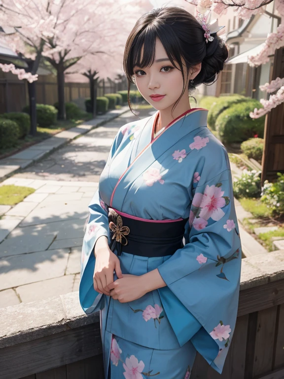 (Super beautiful woman in kimono)、((best quality、8K masterpiece:1.3))、sharp focus:1.2、(super beautiful face:1.0)、(shiny skin:1.0)、realistic pictures、black haired、video writing、High resolution eyes and face、video writing、japanese actress、from the front、medium breasts、with a happy smile、cherry blossom in full bloom、Mt. Fuji in the background
