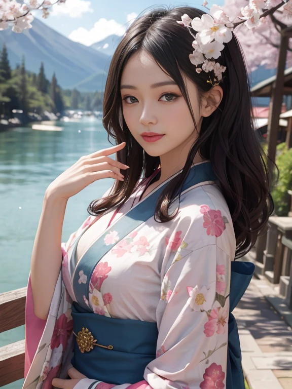 (Super beautiful woman in kimono)、((best quality、8K masterpiece:1.3))、sharp focus:1.2、(super beautiful face:1.0)、(shiny skin:1.0)、realistic pictures、black haired、video writing、High resolution eyes and face、video writing、japanese actress、from the front、medium breasts、with a happy smile、cherry blossom in full bloom、Mt. Fuji in the background