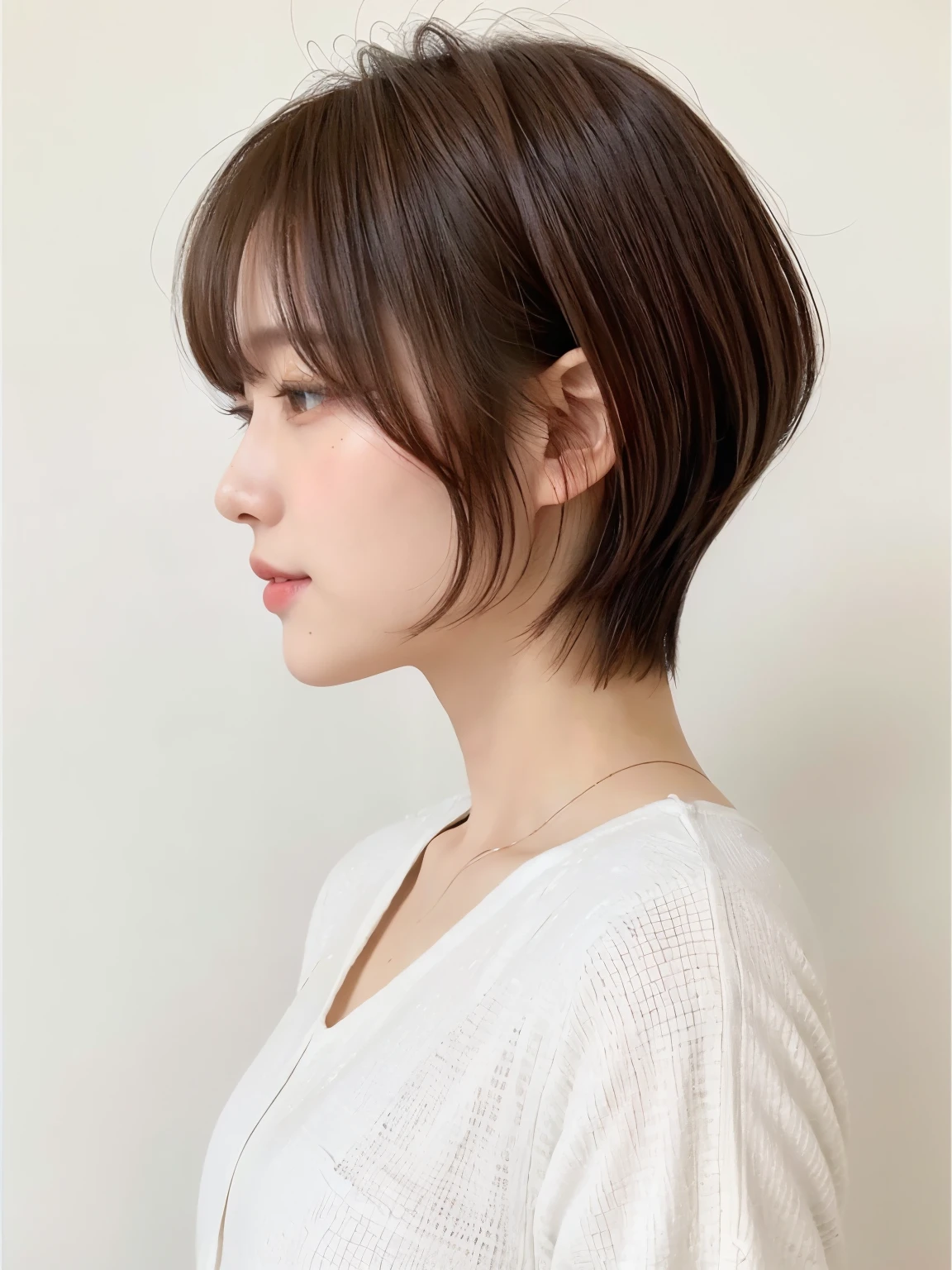 White long sleeve dress、(8K、Raw photo、highest quality、masterpiece:1.2)、High-definition RAW color photo、professional photos、(realistic、photo realistic:1.37)、cinematic light、1 girl、laughter、white wall、Taken in front of the white door、(窓のあるwhite wallの部屋)、Versatile poses、break (Ombre:1.3) 、simple necklace、Spring clothes、(Beautiful profile:1.3)、Don't look at the camera、profile、Dark brown hair color、short hair