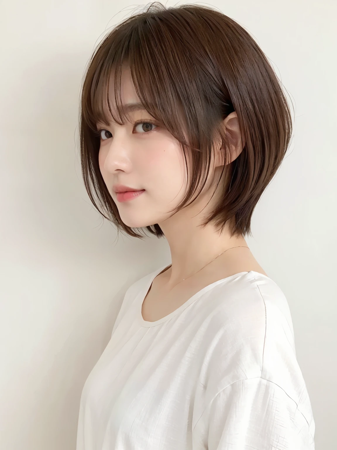White long sleeve dress、(8K、Raw photo、highest quality、masterpiece:1.2)、High-definition RAW color photo、professional photos、(realistic、photo realistic:1.37)、cinematic light、1 girl、laughter、white wall、Taken in front of the white door、(窓のあるwhite wallの部屋)、Versatile poses、break (Ombre:1.3) 、simple necklace、Spring clothes、(Beautiful profile:1.3)、Don't look at the camera、profile、Dark brown hair color、short hair