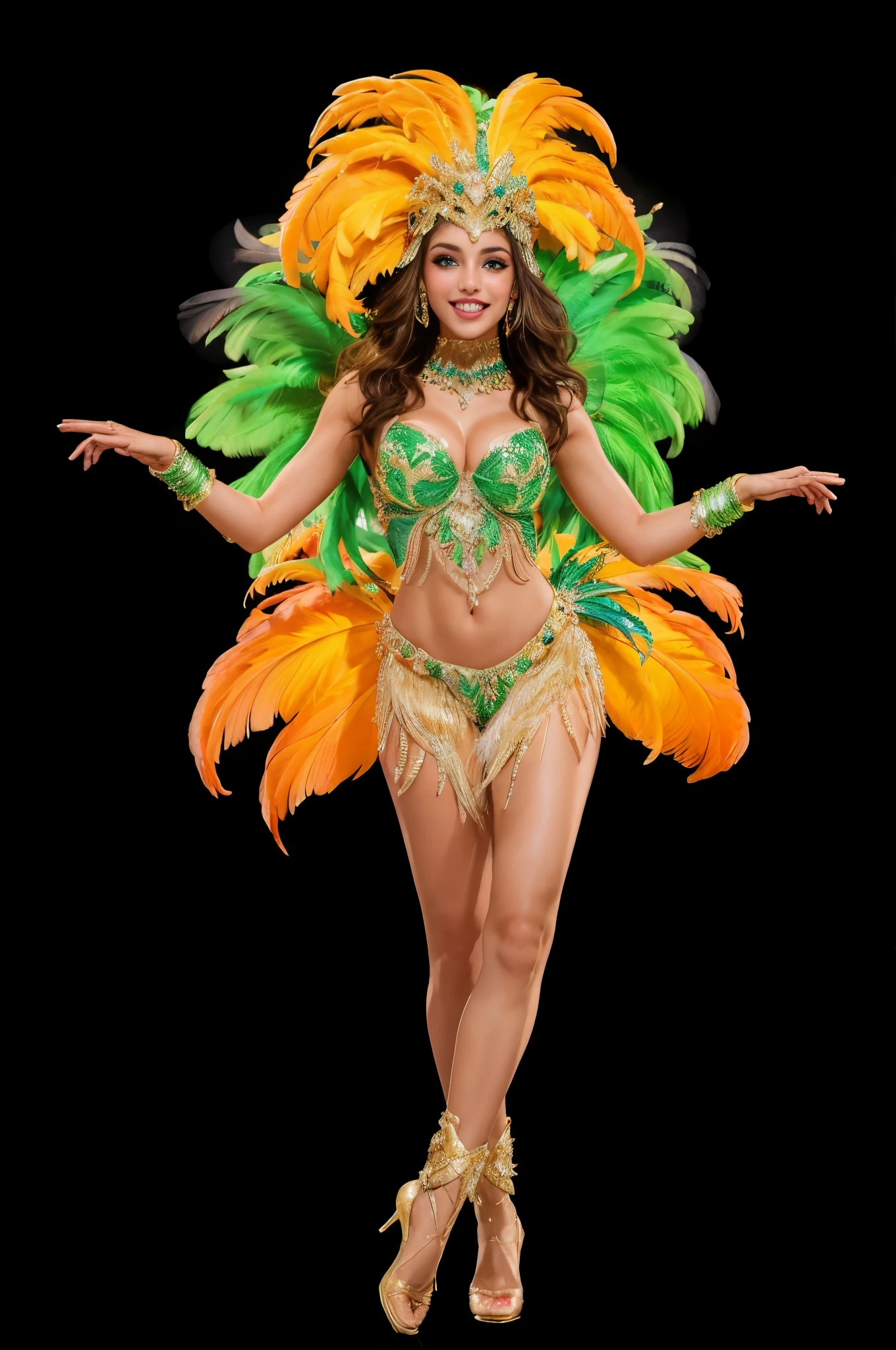 A sexy person，European and American women，Wearing samba clothes，Dancing poses with feather decorations，lol，perfect face shape，whole body，intact eyes，for the audience，Perfect mouth，Perfect hand details，Alone alone，brazilian carnival style，high quality images