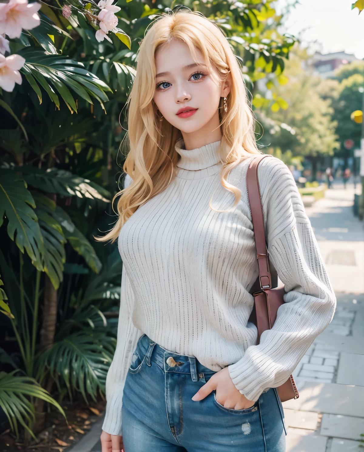 ( detailed realistic background:1),
( official art, beautiful and aesthetic:1 ),
realistic lighting,
cinematic lighting,
hyperrealism,
soothing tones,
muted colors,
high contrast,
soft light,
sharp,
artistic photoshoot,
,
( cute, petite ),
slender,
european,
pale cheeks,
square face shape with angular jaw,
natural "no-makeup" makeup,
big breasts,
feet,bare neck,
platinum blonde hair ,
eyes,
walking ,
wearing lurex ruffle blouse,denim culottes and hiking boots,