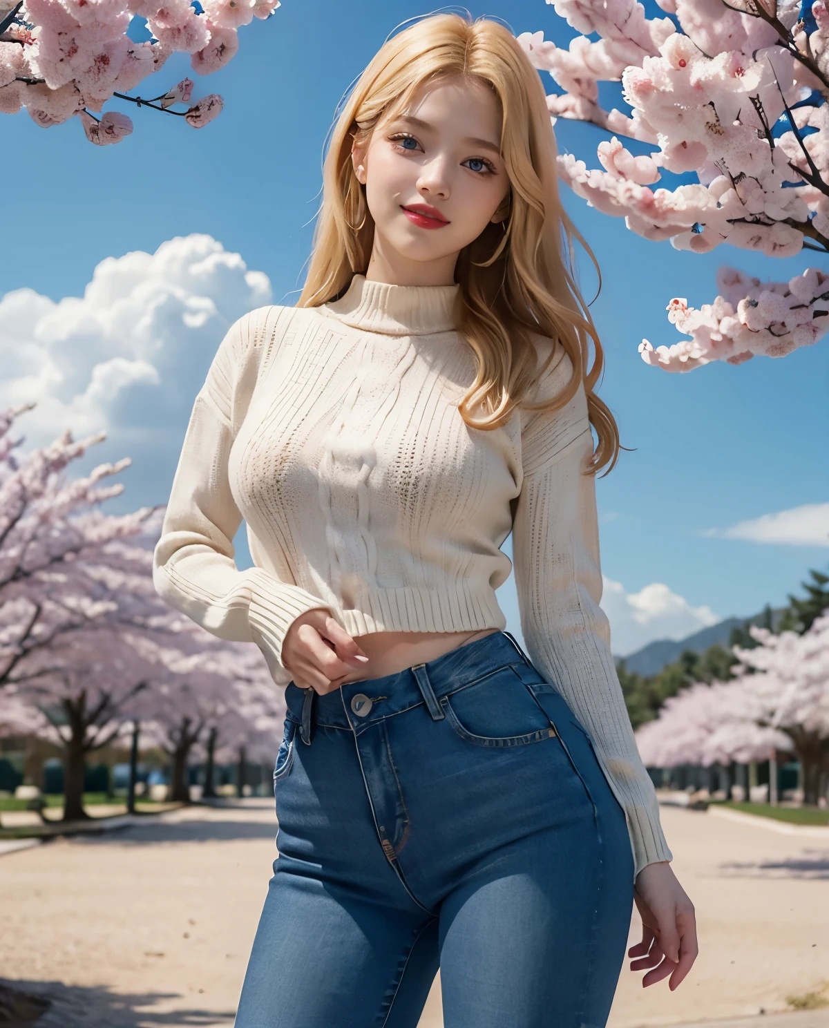 1girl, Blue eyes, (smile), (Sana Minatozaki), wide hips, Big , (big ass), (Best Quality, 8k, Masterpiece: 1.3), perfect hands, Clear Focus: 1.2, Perfect Body Beauty: 1.4, Highly detailed face and skin texture, detailed eyes, double eyelids, red lips, (blonde long hair), (fitted sweater), (jeans), standing, dynamic pose, in a sakura park