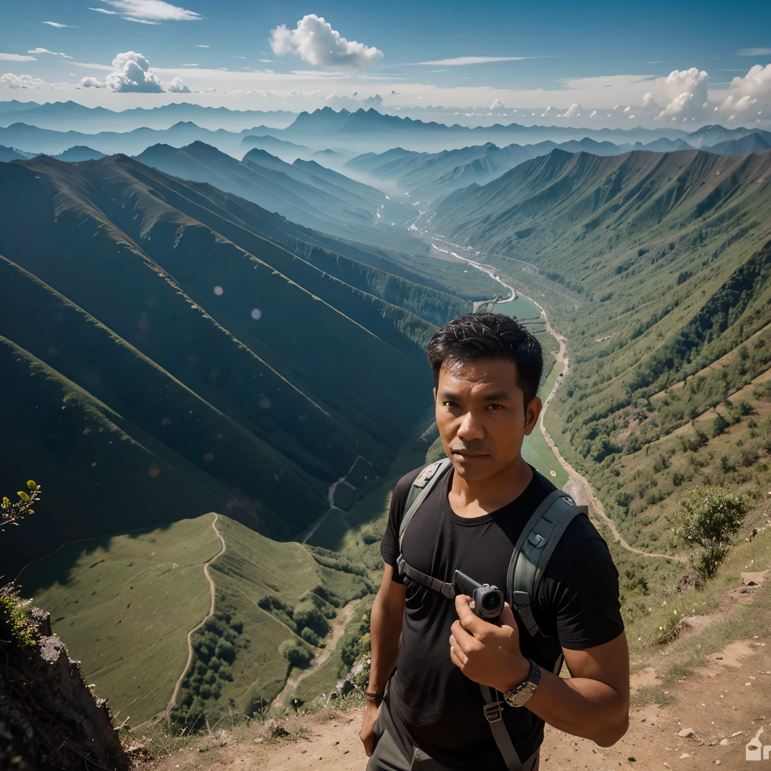 47 year old Indonesian man taking selfie with GoPro while hiking with Kostas, Indonesian mountain landscape style, Holga 120n, aerial photography, unique characters, mountain views, large canvas format.