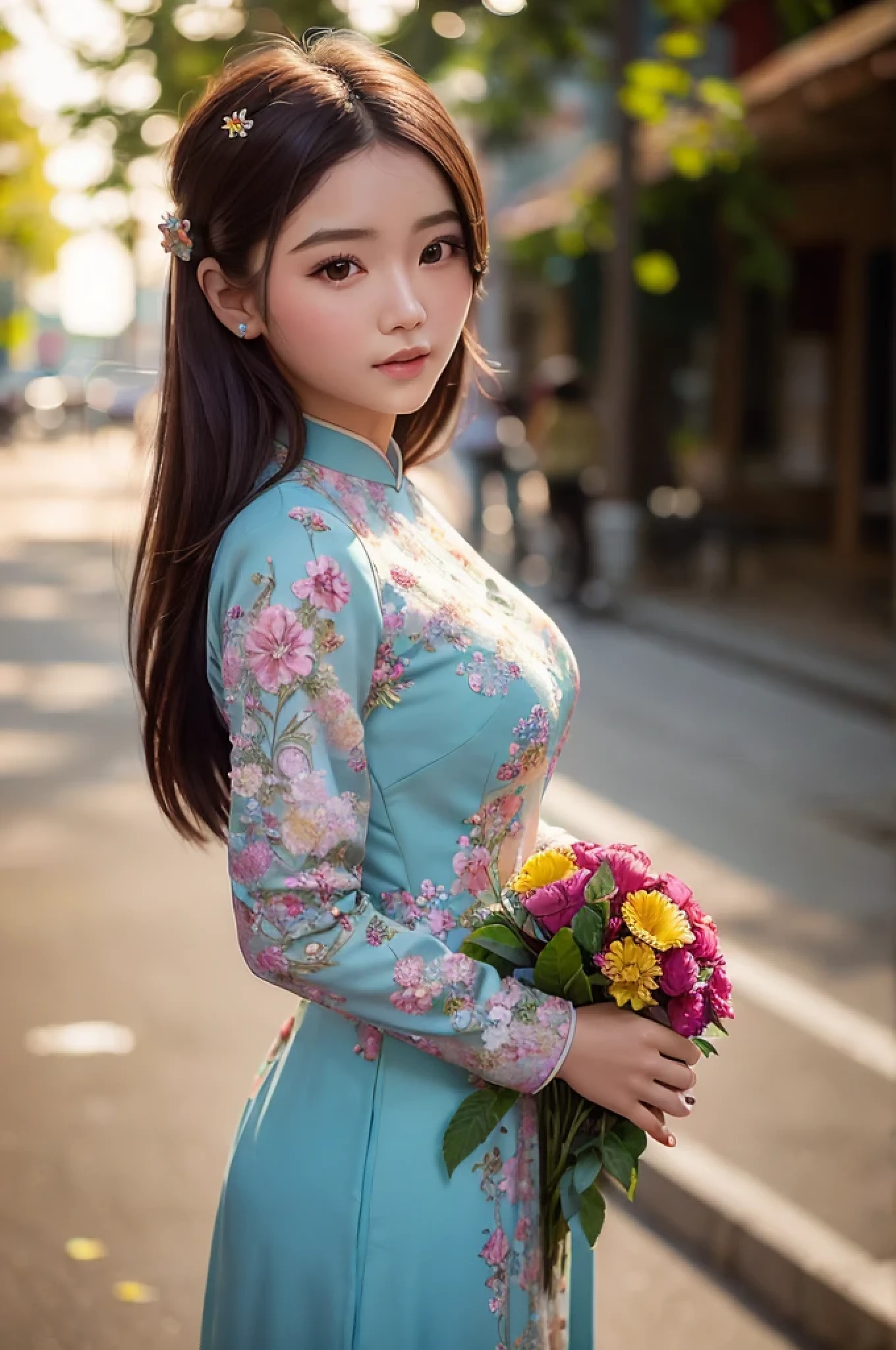 a beautiful girl in vintage colors aodai , masterpiece, best quality, realistic:1.3, street, holding bundle of adubon flowers, sunlight, backlighting, intricate scene, artstation, intricate details, vignette