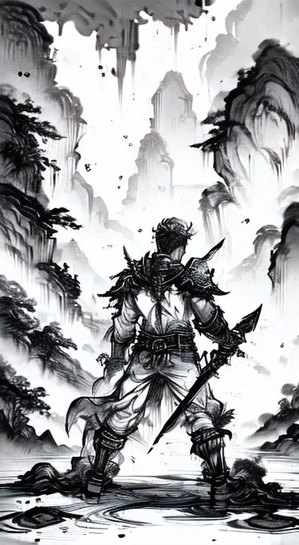 1boy, Guts from berserk, swordsman, holding a greatsword, Dragonslayer, ink painting, manga ink, black and white, hyperdetailed, extreme detail, ink splash, anger, fluid lines