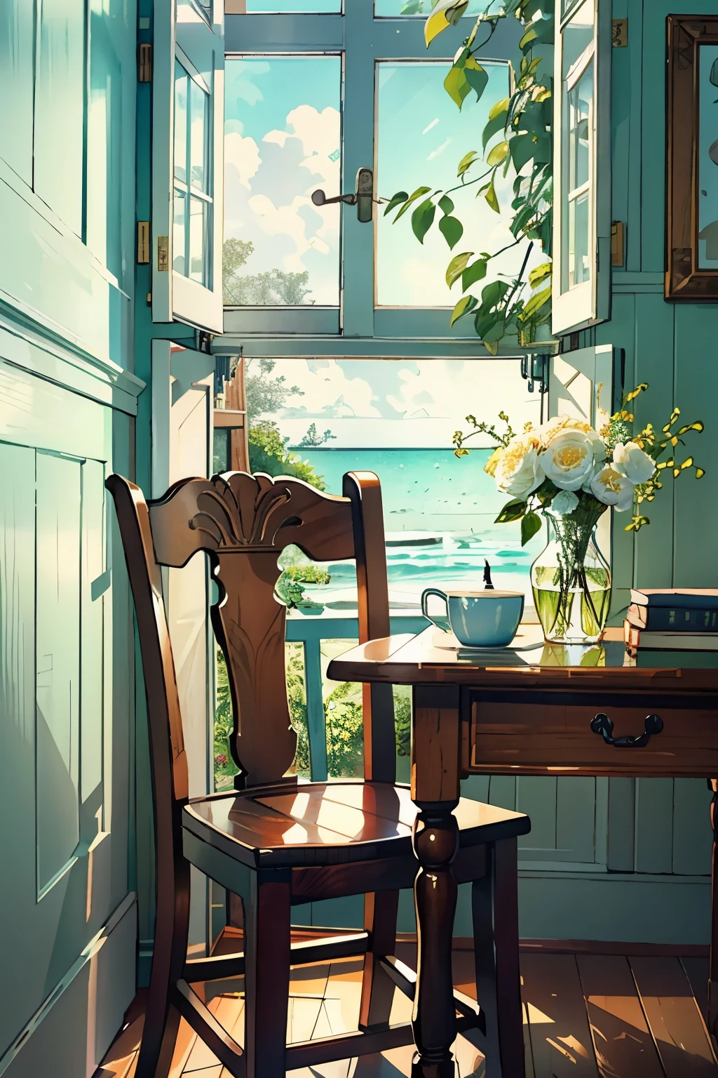 a wooden chair is hidden in the background, nestled quietly behind a table in the heart of a cozy studyplace; an open window frames the scene, inviting the soothing melody of ocean waves to filter in, as the sun's enchanting lighting casts a warm, golden glow across the room; with its light beige and amber hues, this domestic scene exudes a retro charm reminiscent of the Bloomsbury Group; captured in the style of Fujifilm Fujicolor C200 film, the intricate details come alive, each element showcasing a 3:4 aspect ratio and a soft, dreamy texture --s2.
